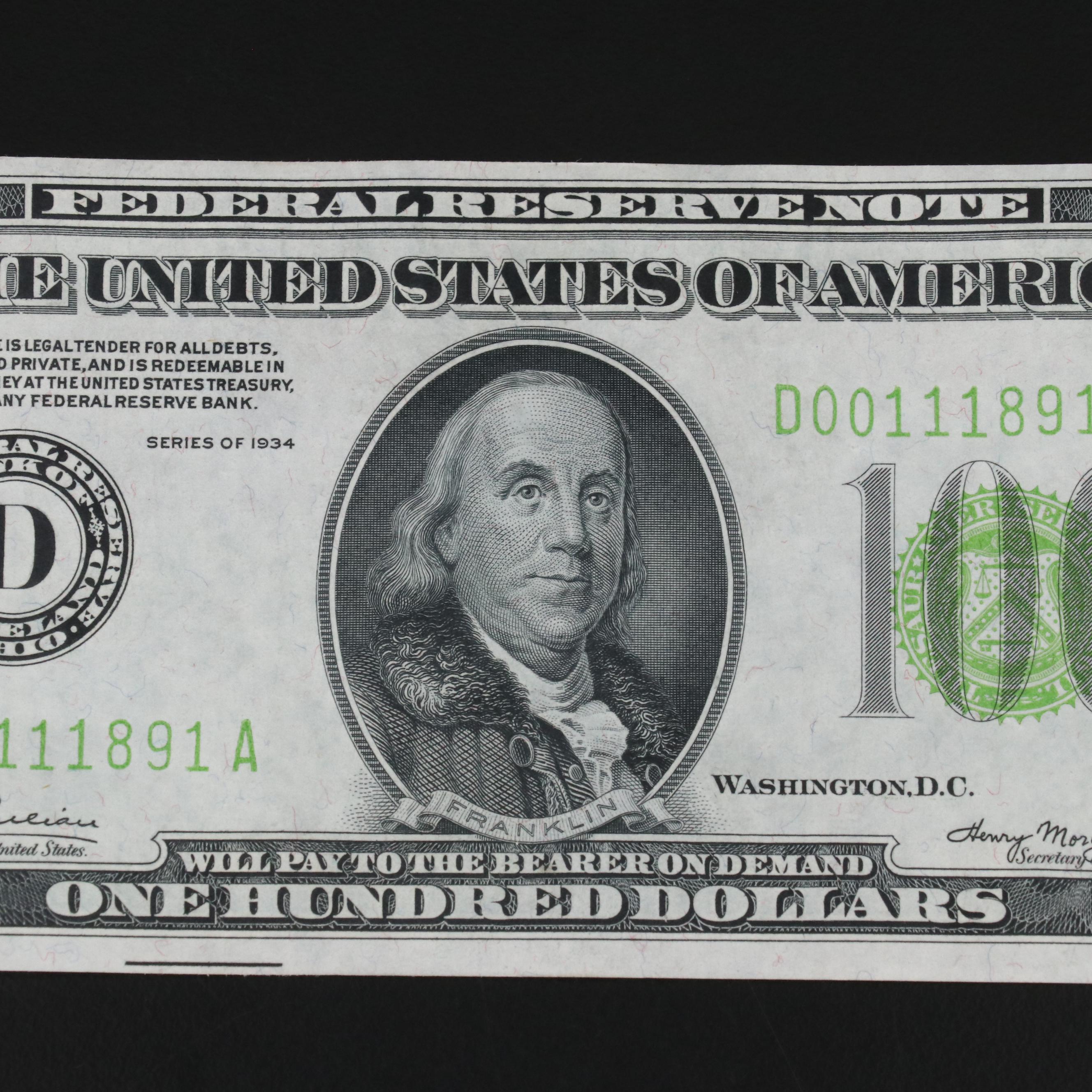 Uncirculated 1934  $100 Dollar Federal Reserve Note