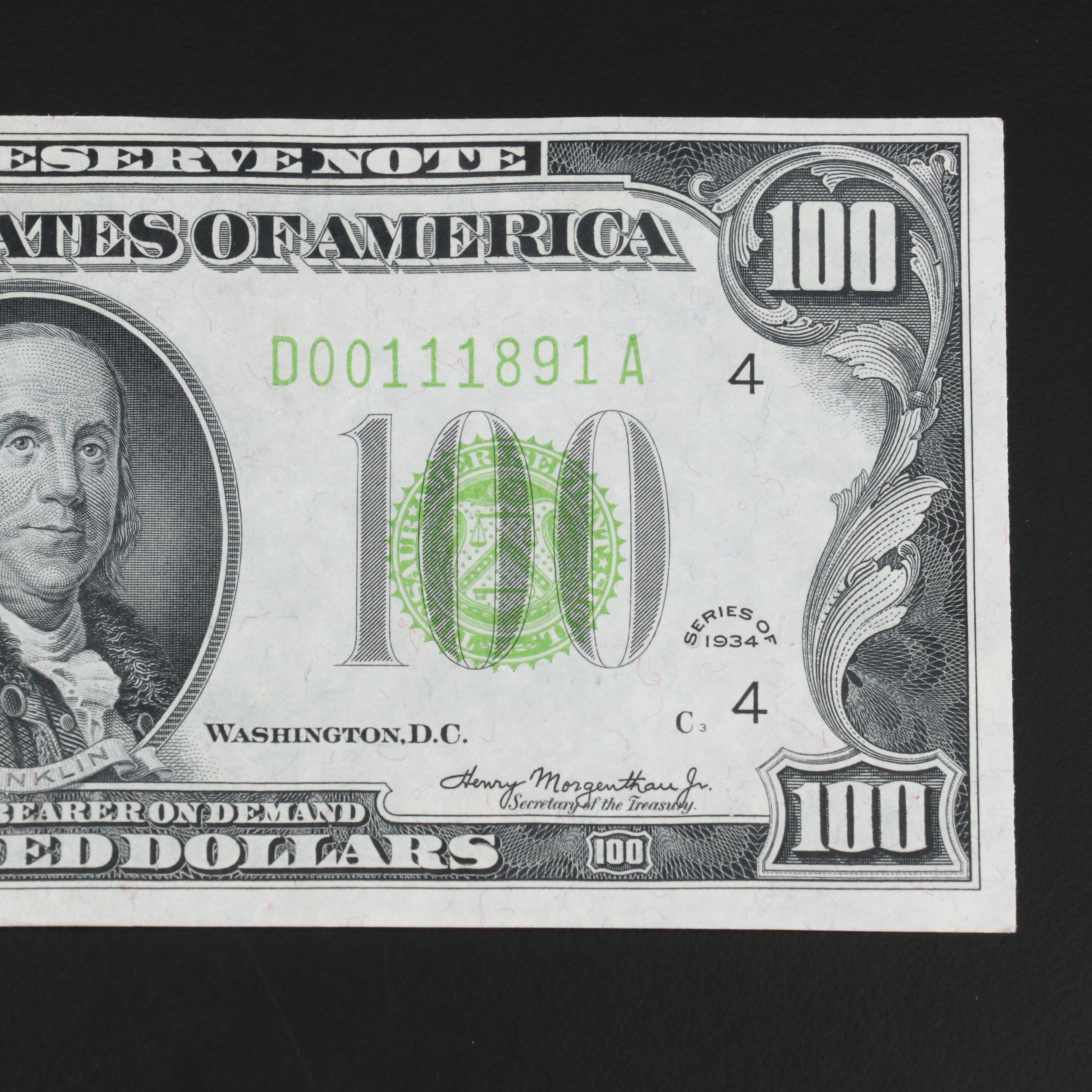 Uncirculated 1934  $100 Dollar Federal Reserve Note