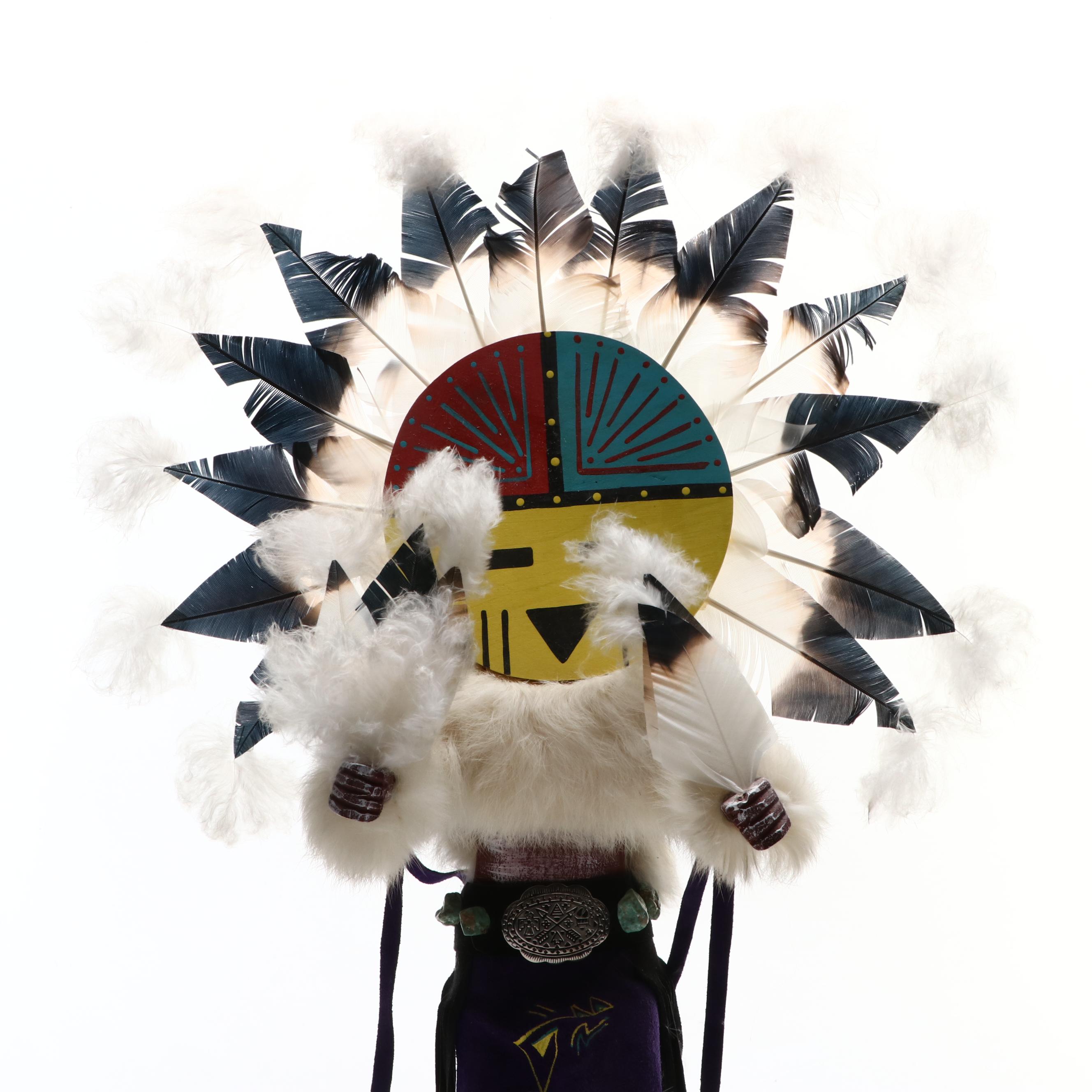Nelson Yazzie Attributed "Sun Face" Navajo Kachina Figure With Dyed Feathers