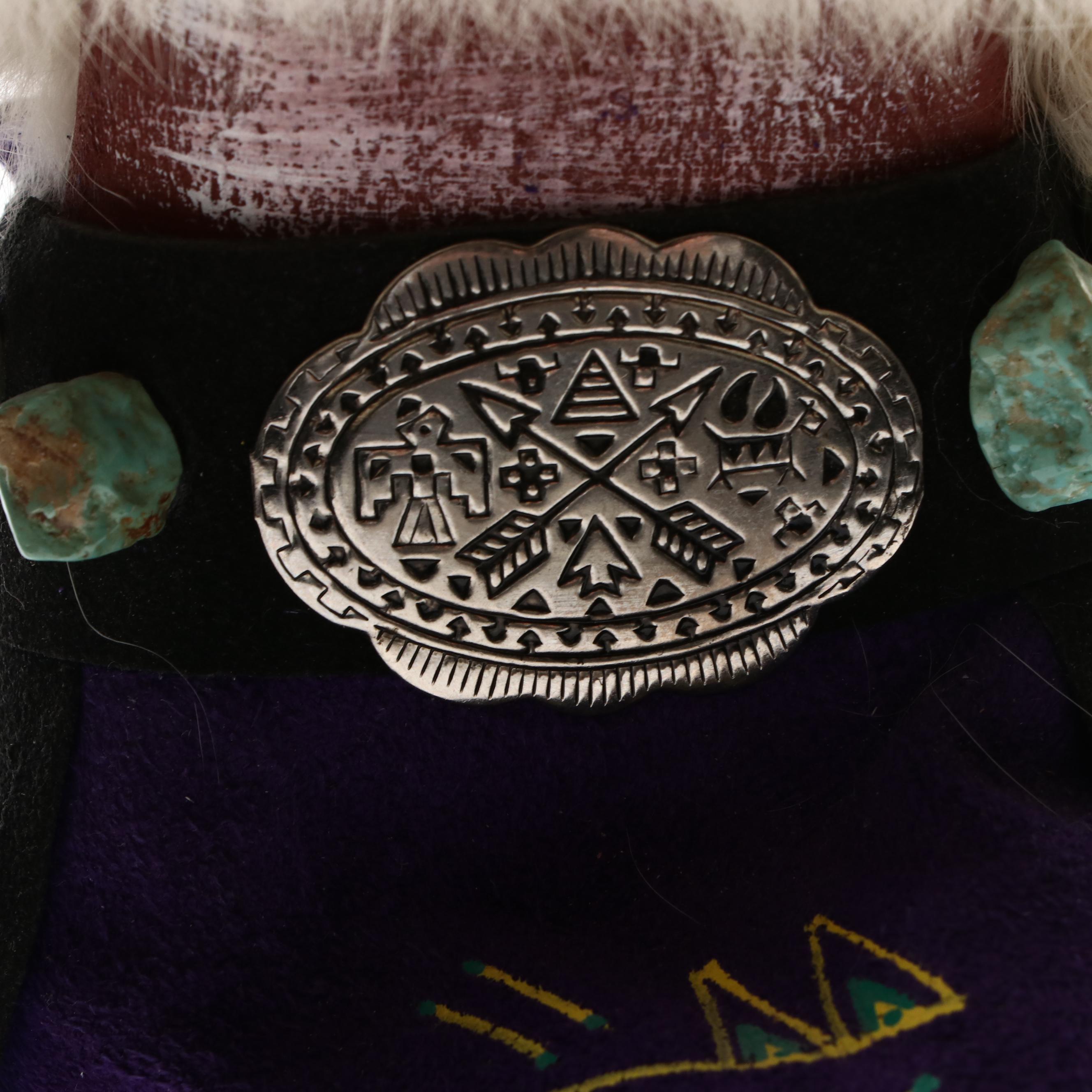 Nelson Yazzie Attributed "Sun Face" Navajo Kachina Figure With Dyed Feathers