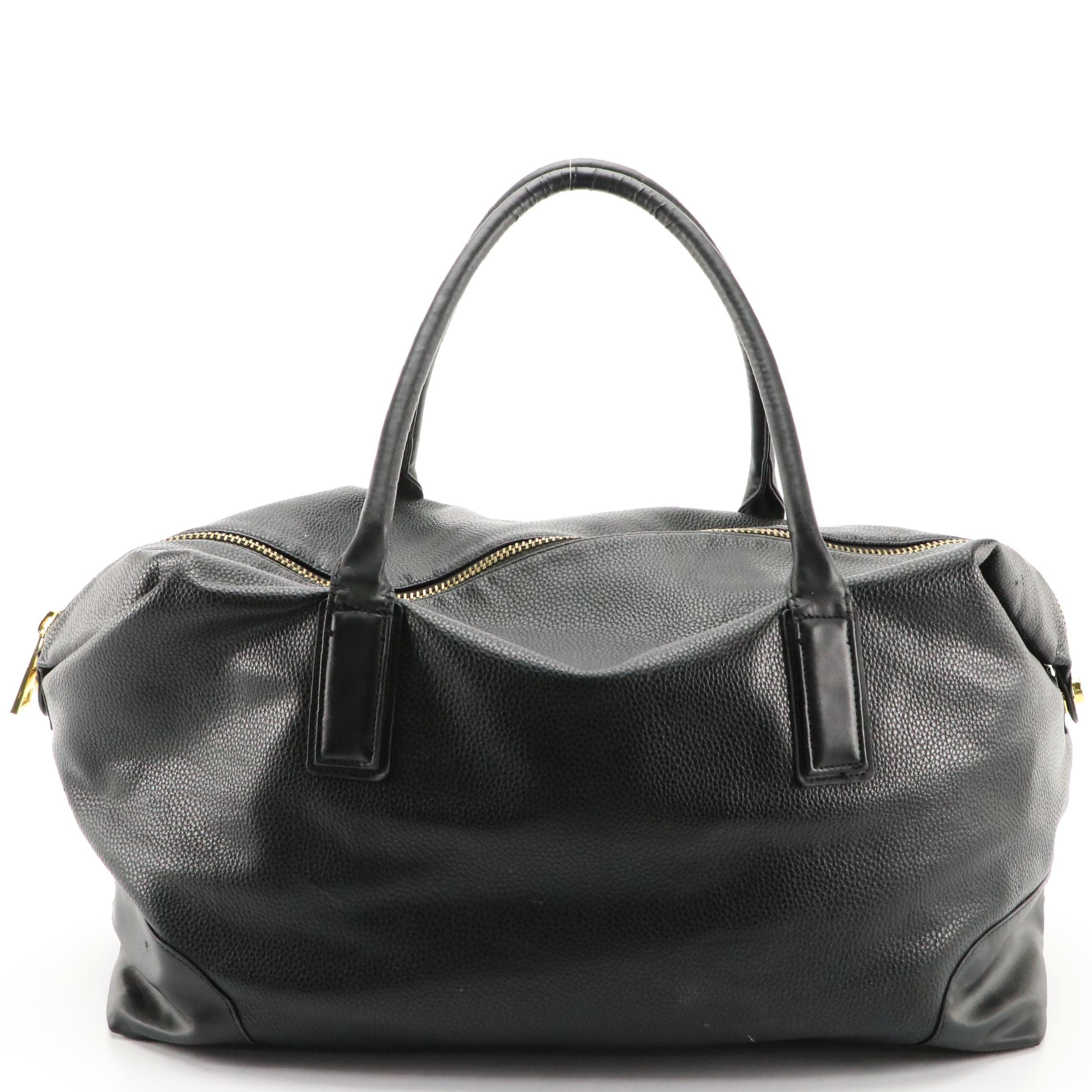 Black Weekender Duffel Bag in Grained Leather