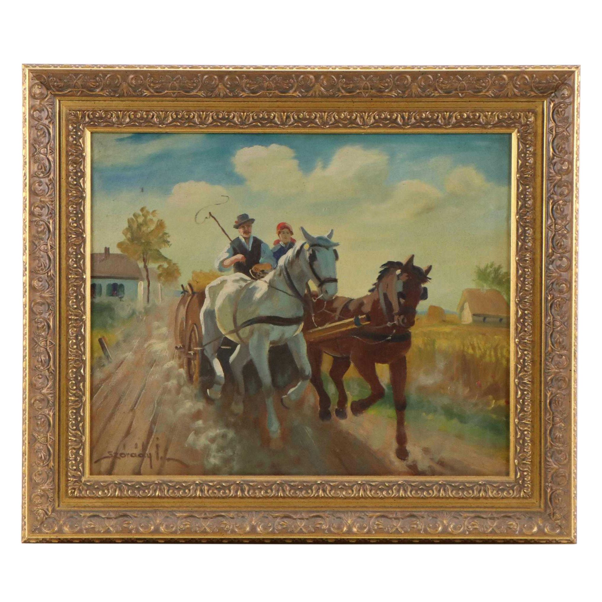 István Szórády Pastoral Oil Painting of Two Figures With Horse Carriage