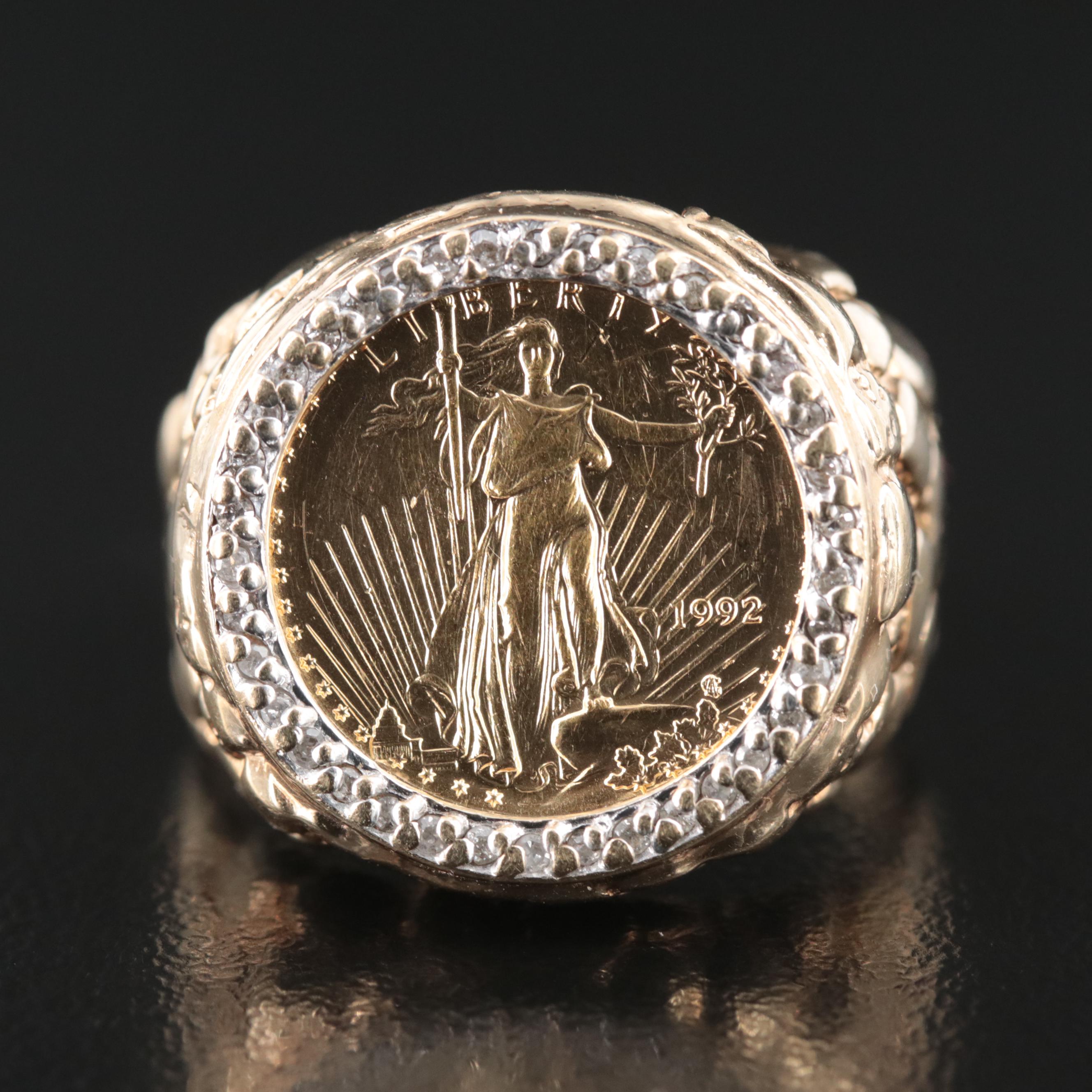 10K 0.23 CTW Diamond Ring with 1992 $5 Gold Eagle Bullion Coin