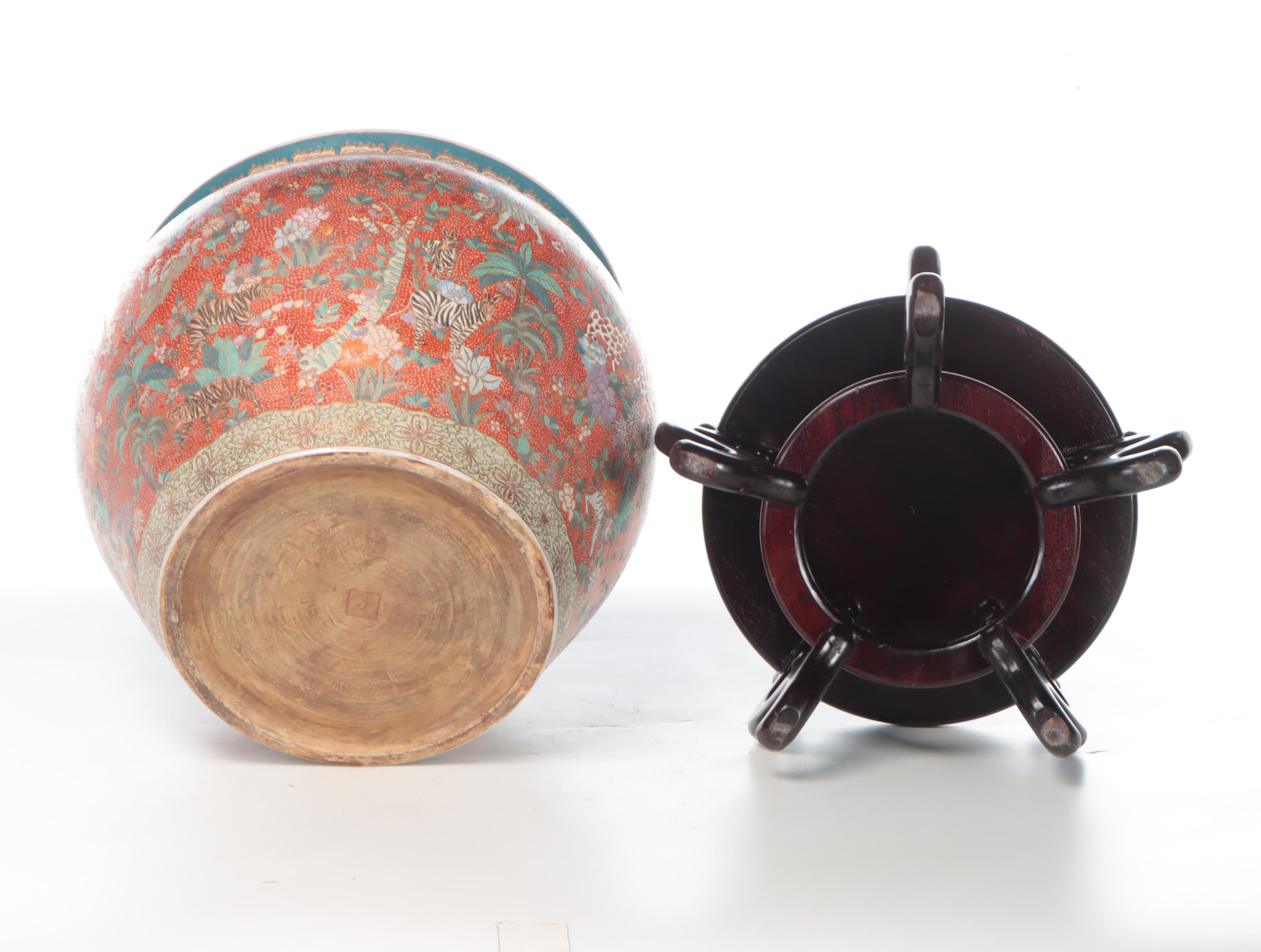 Porcelain Fishbowl Planter on Wooden Stand