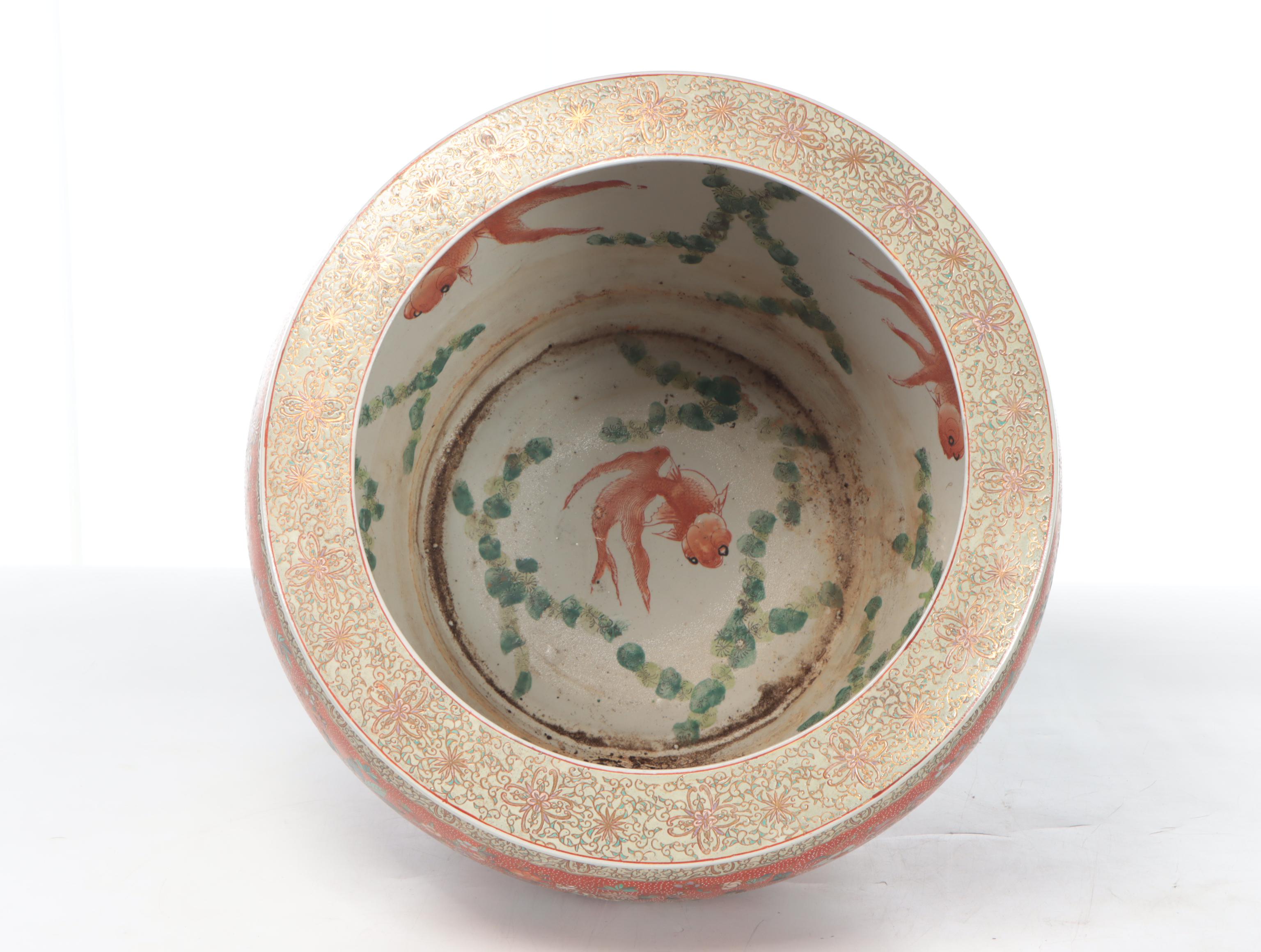 Porcelain Fishbowl Planter on Wooden Stand