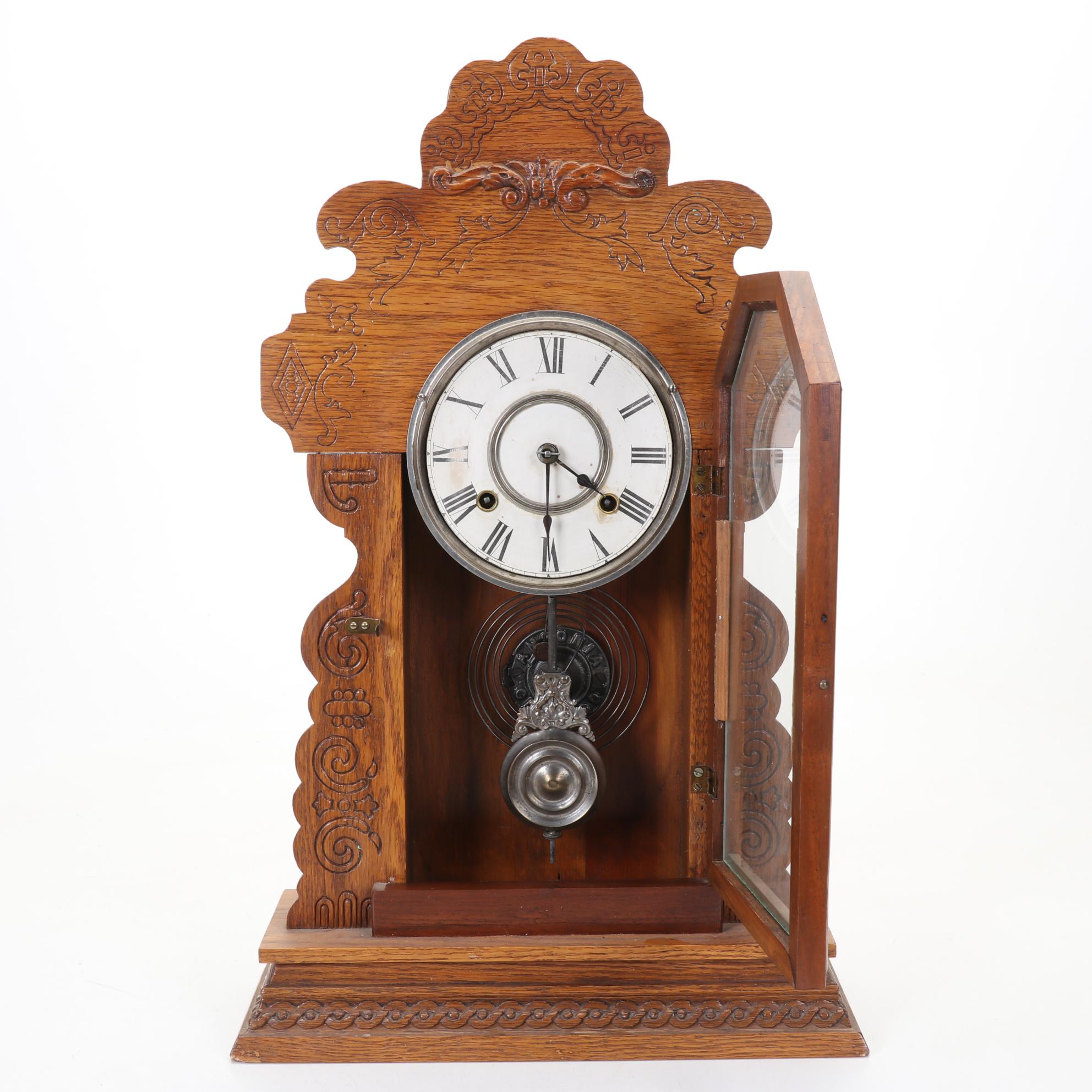 Ansonia Clock Co. Carved Wood Gingerbread Mantel Clock