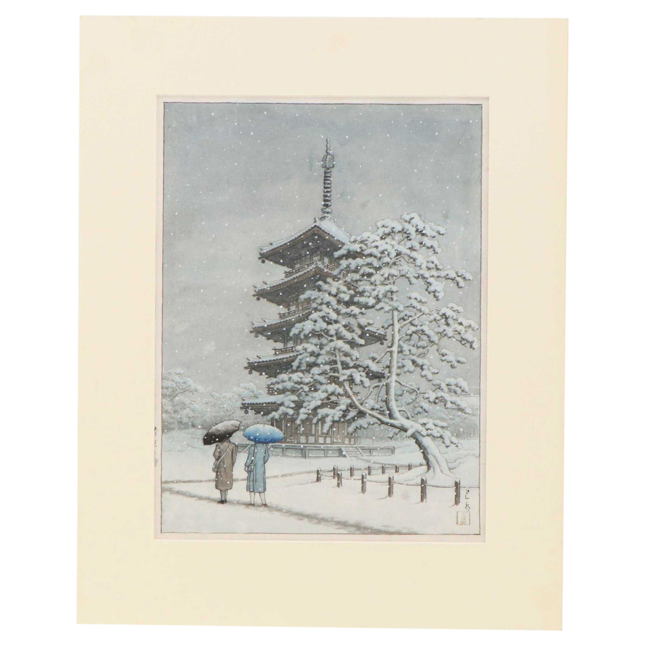 Japanese Woodblock Print of a Winter Scene with Figures
