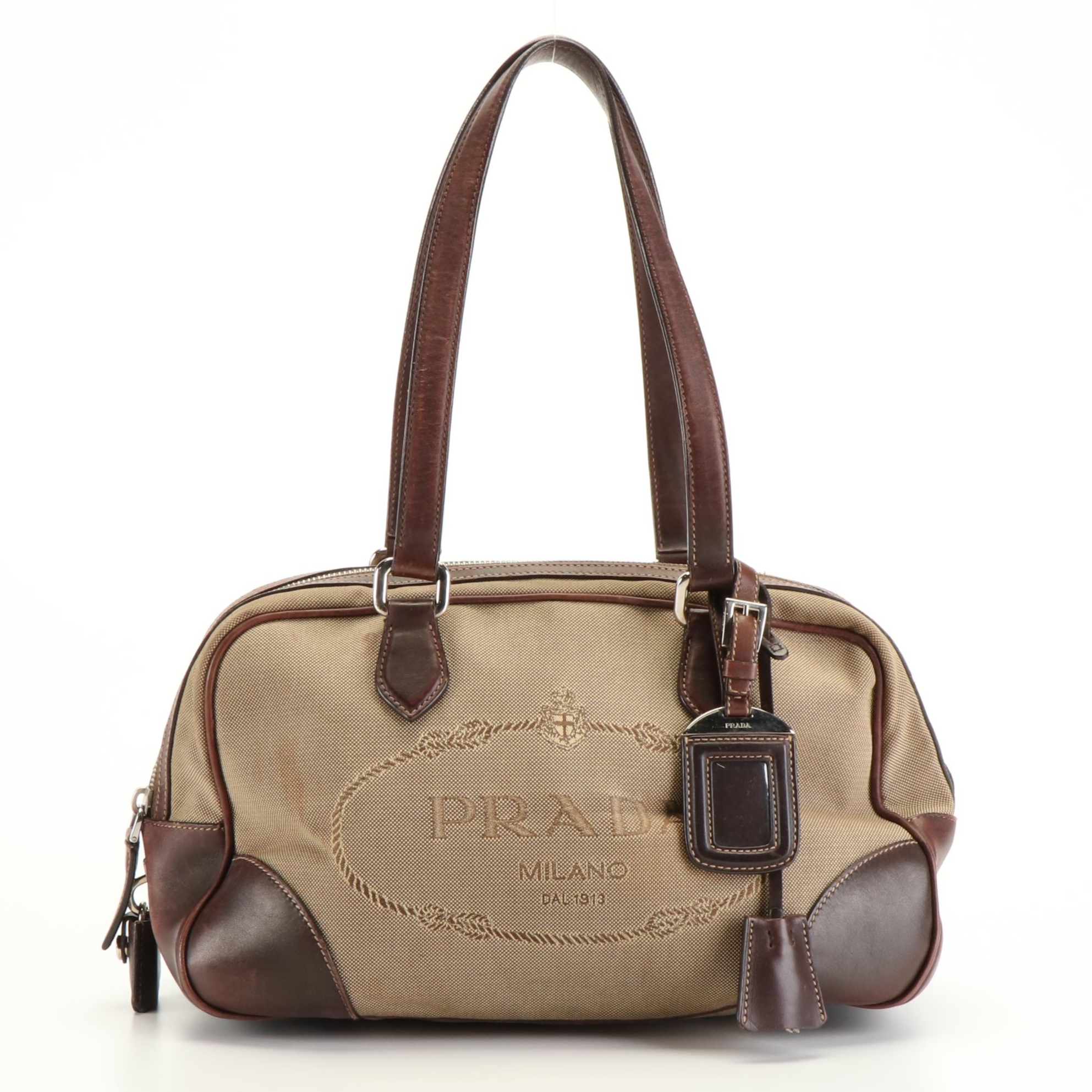 Prada Canapa Logo Jacquard Canvas Boston Bag