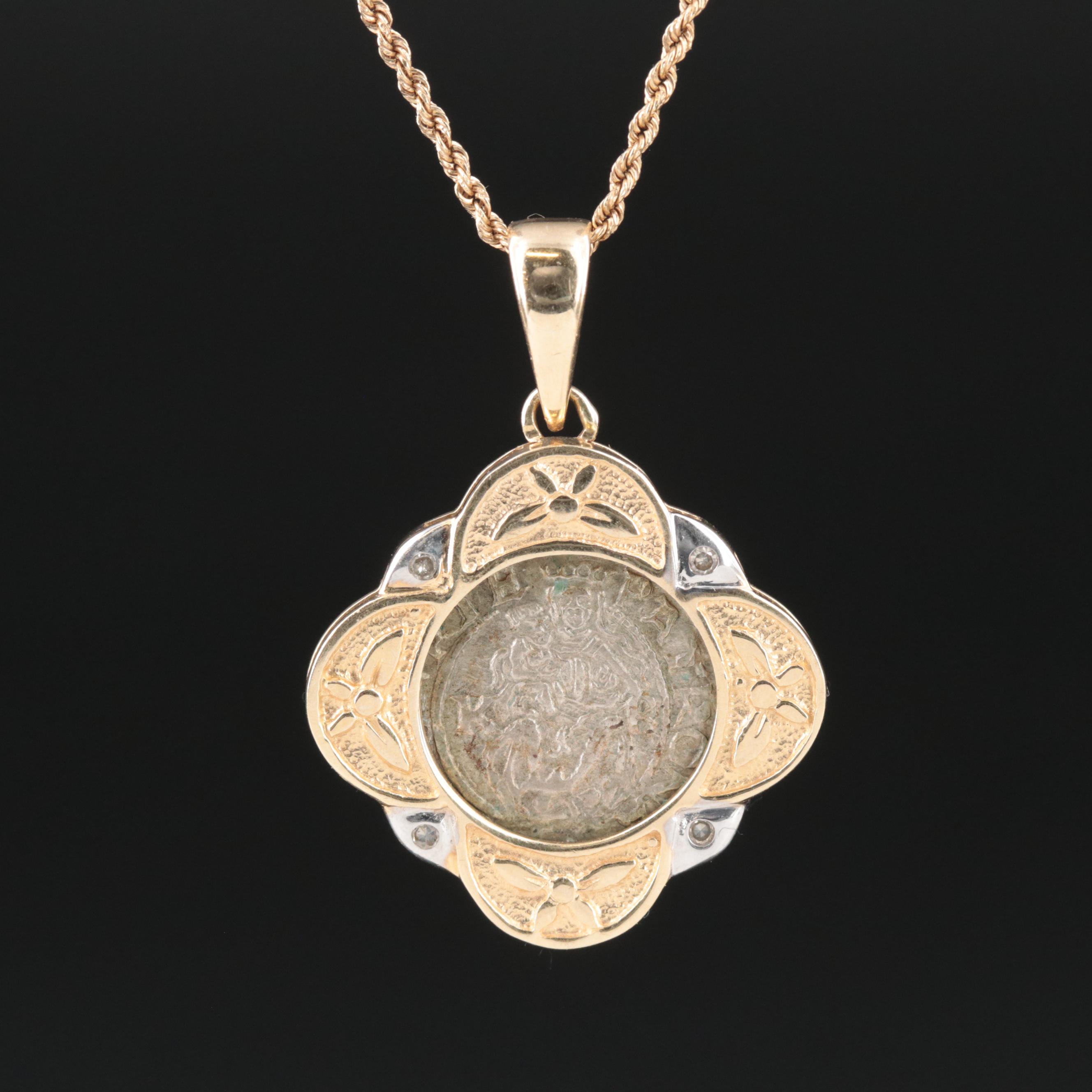 10K 0.03 CTW Diamond Necklace with 1565 Hungarian Denar Coin of Maximilian II