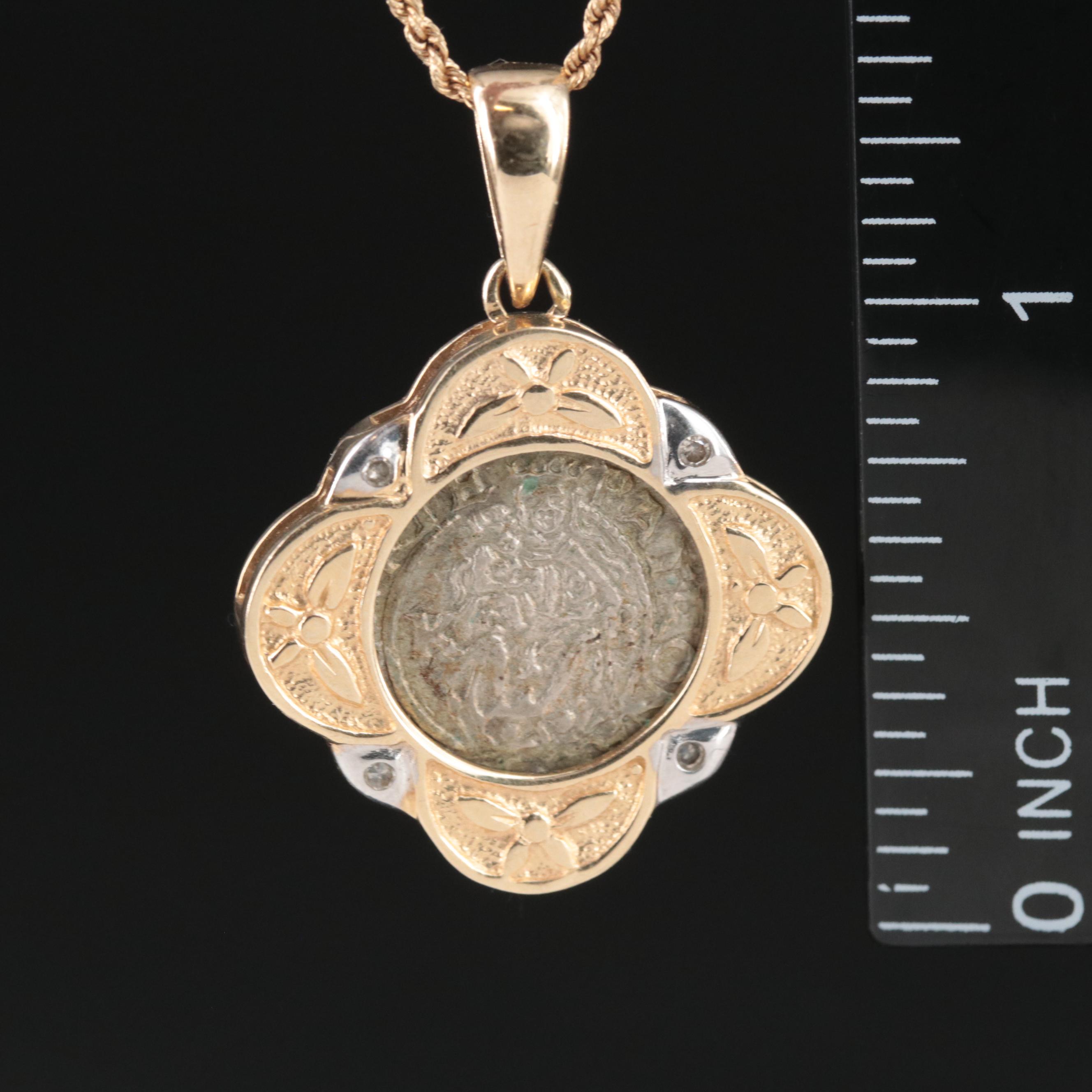 10K 0.03 CTW Diamond Necklace with 1565 Hungarian Denar Coin of Maximilian II