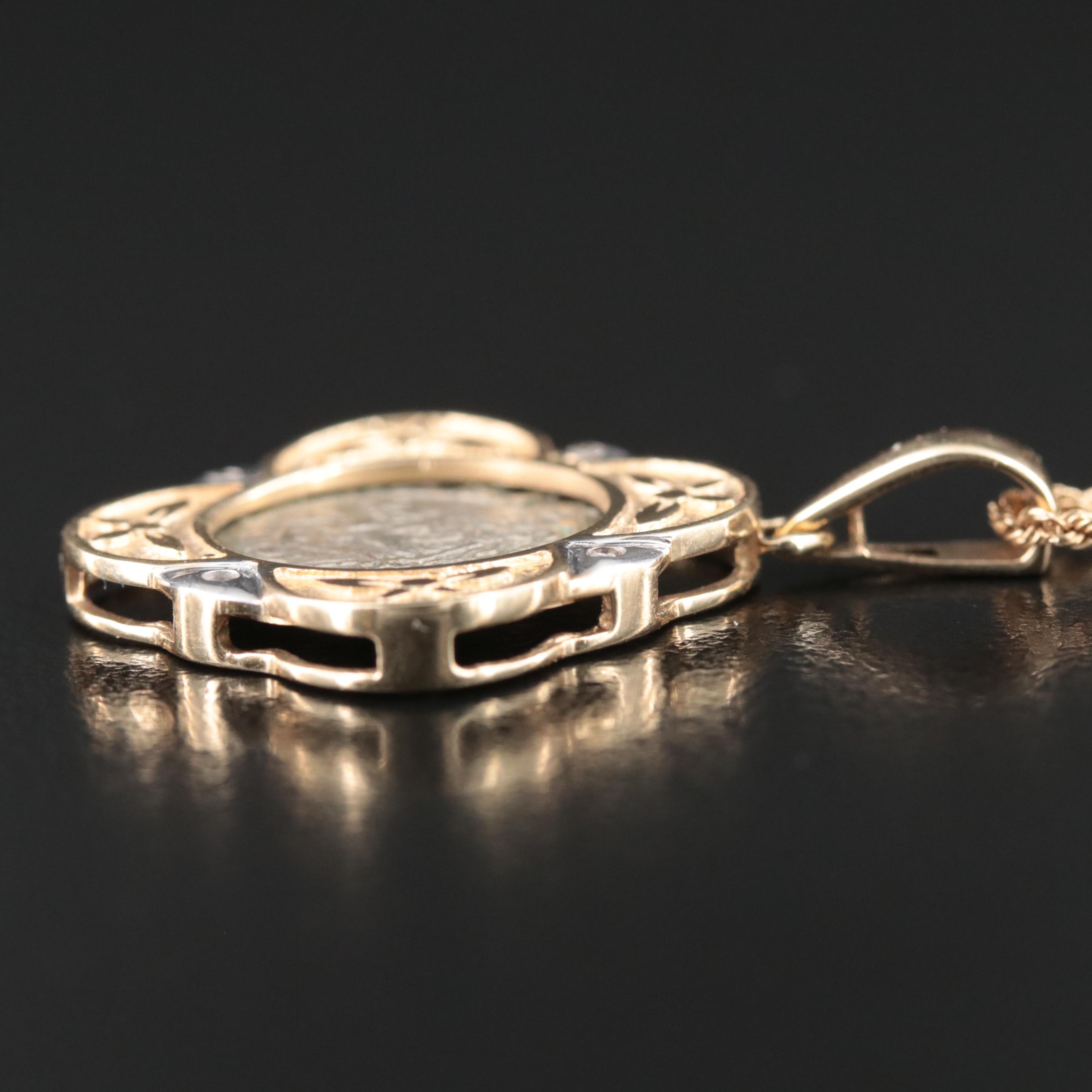 10K 0.03 CTW Diamond Necklace with 1565 Hungarian Denar Coin of Maximilian II