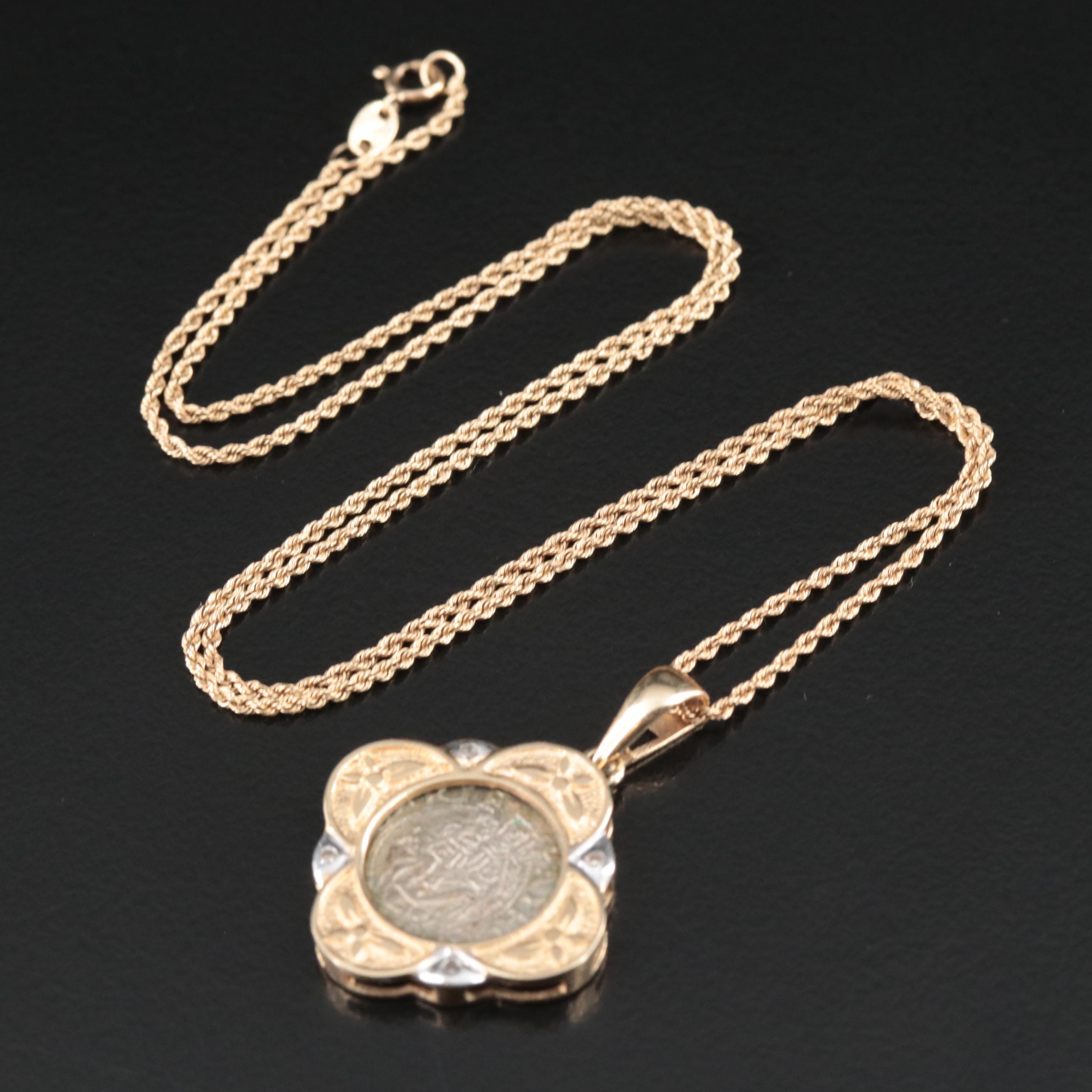 10K 0.03 CTW Diamond Necklace with 1565 Hungarian Denar Coin of Maximilian II