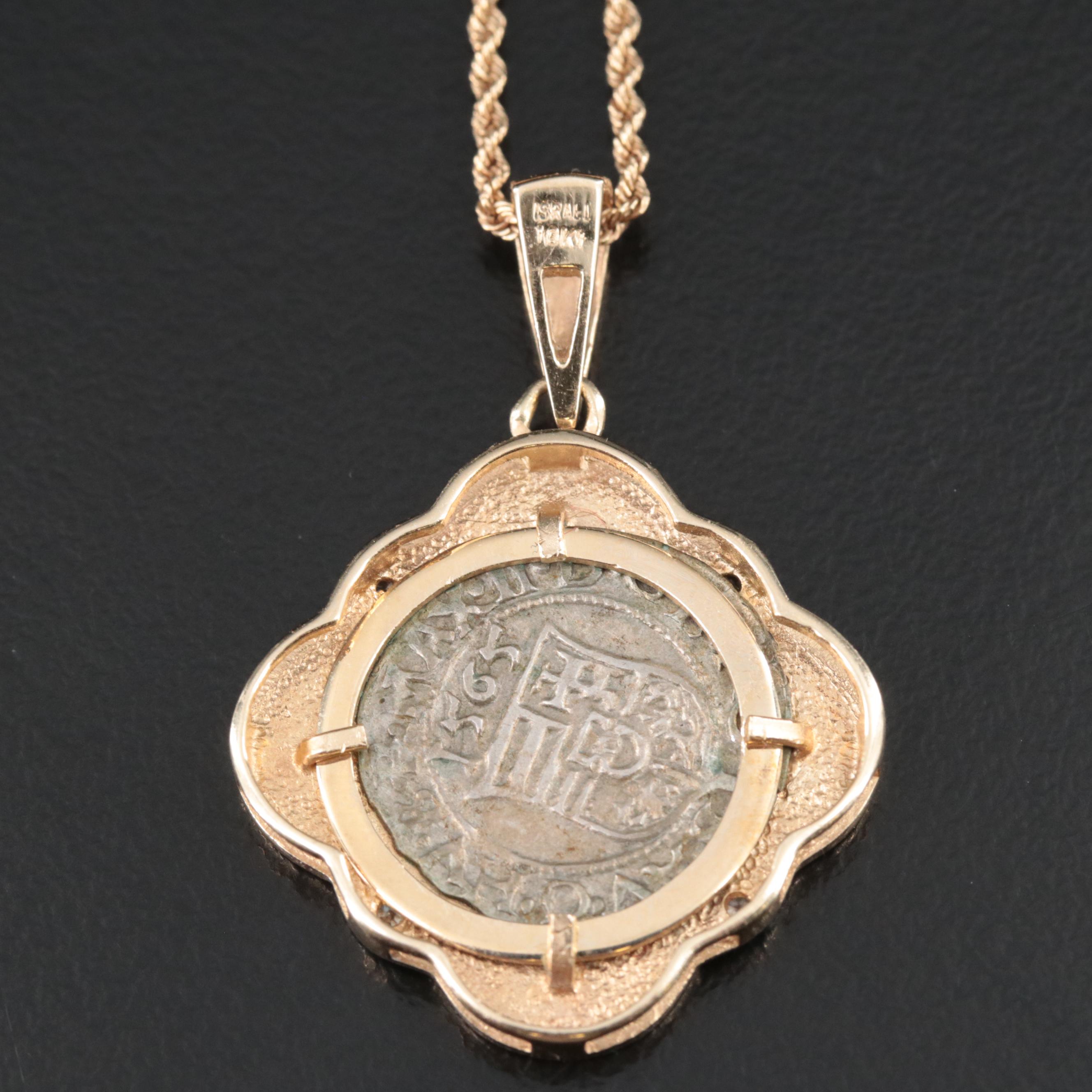 10K 0.03 CTW Diamond Necklace with 1565 Hungarian Denar Coin of Maximilian II