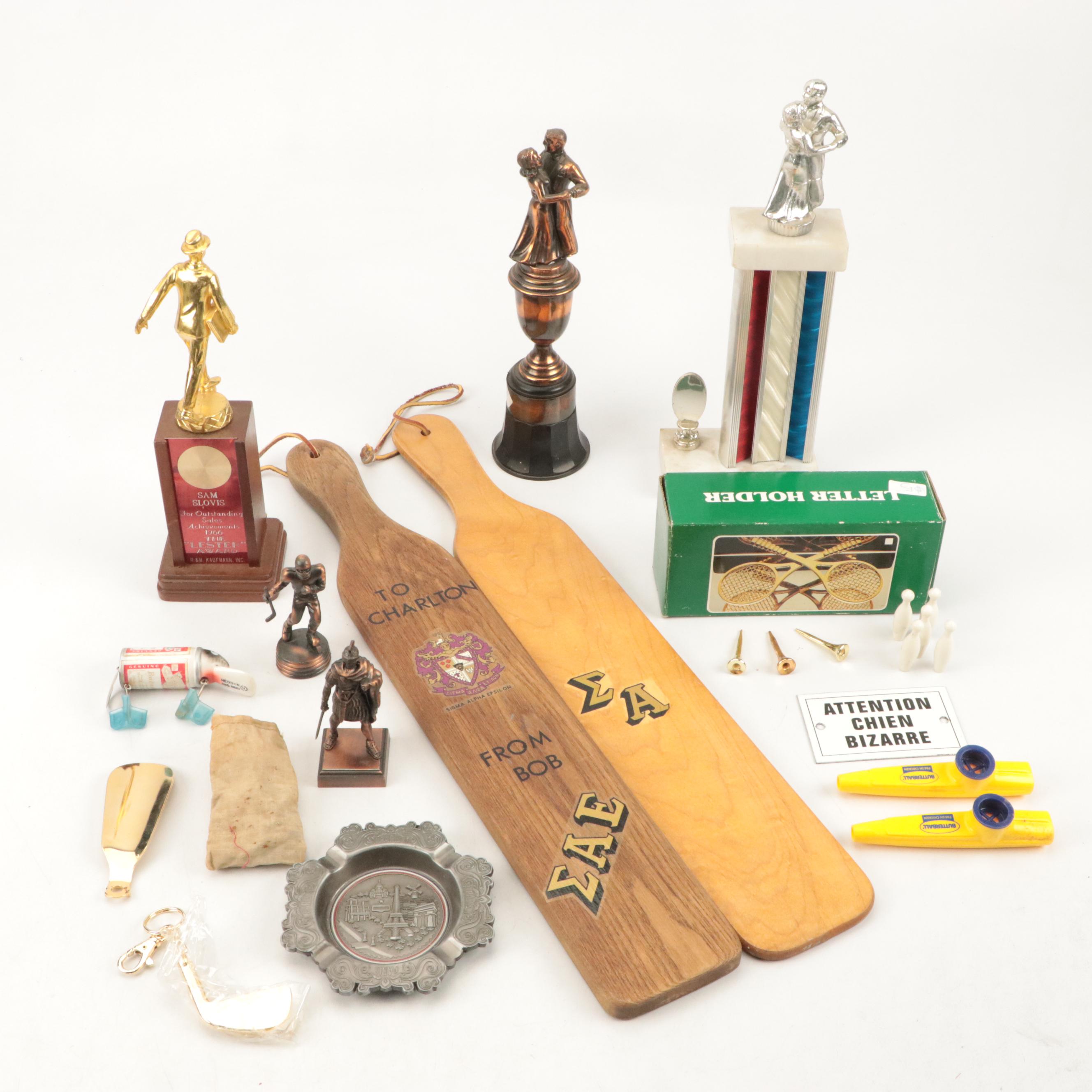 Dancing and Sales Achievement Trophies, Fraternity Paddles, Figures, Ashtray