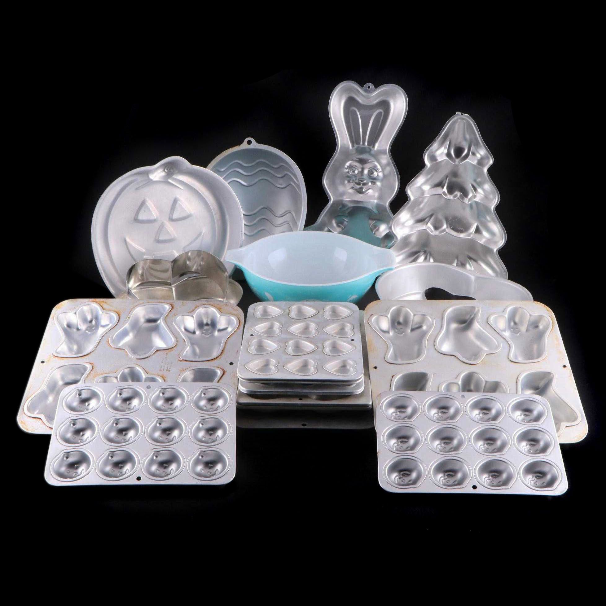 Pyrex Glass Cinderella Bowl with Wilton Jack-O-Lantern Metal Cake Mold and More