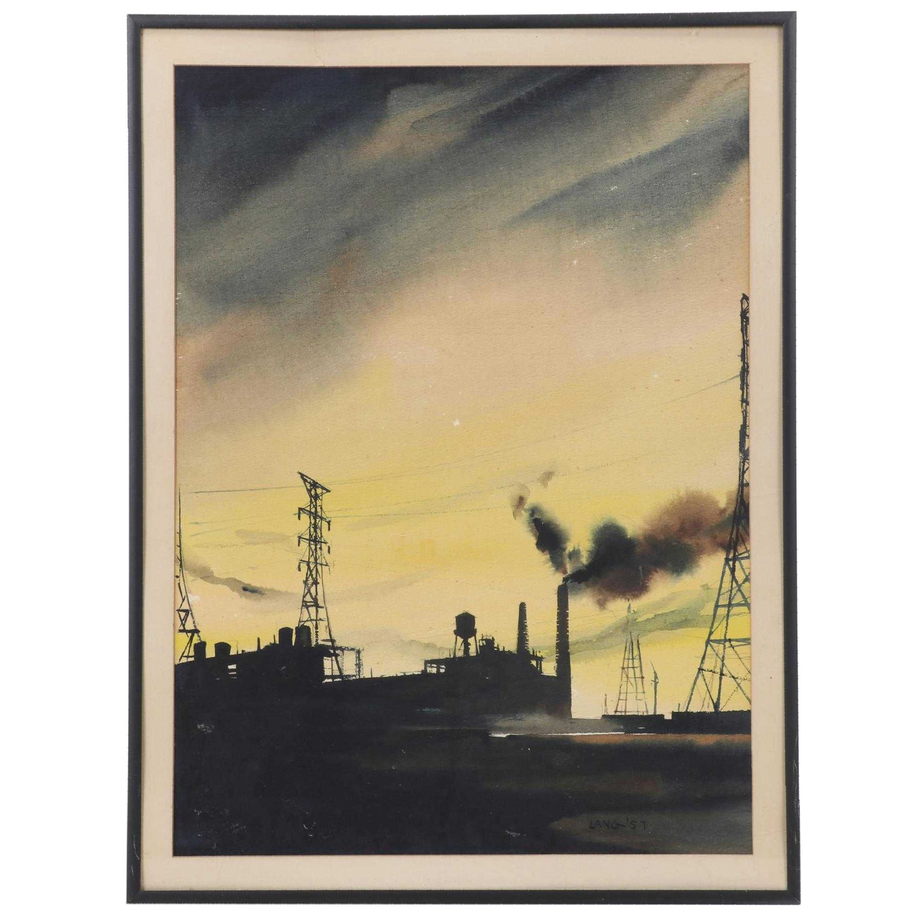 Industrial Landscape Watercolor Painting, 1957