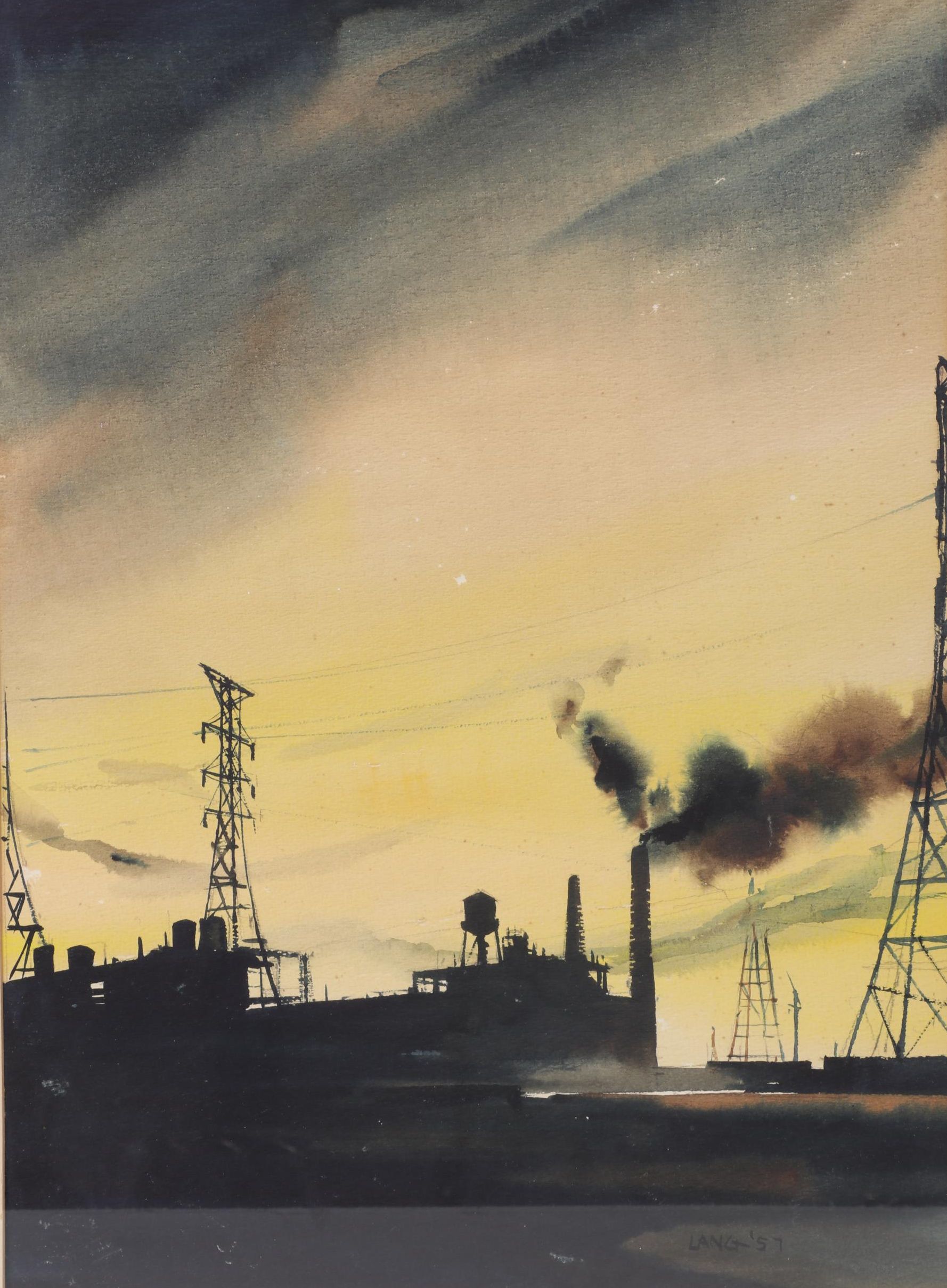 Industrial Landscape Watercolor Painting, 1957