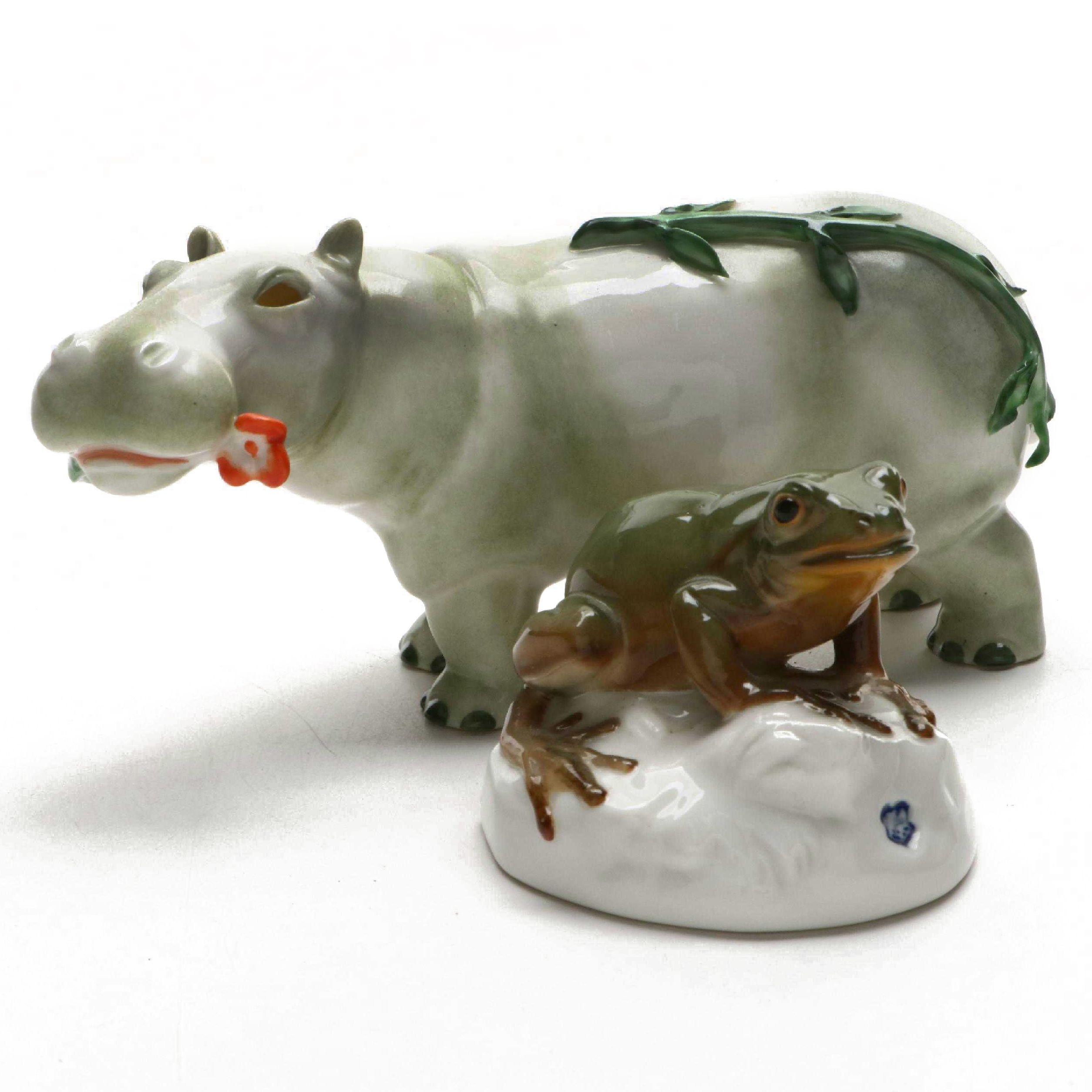 Nymphenburg Porcelain Hippopotamus and Frog Figurines