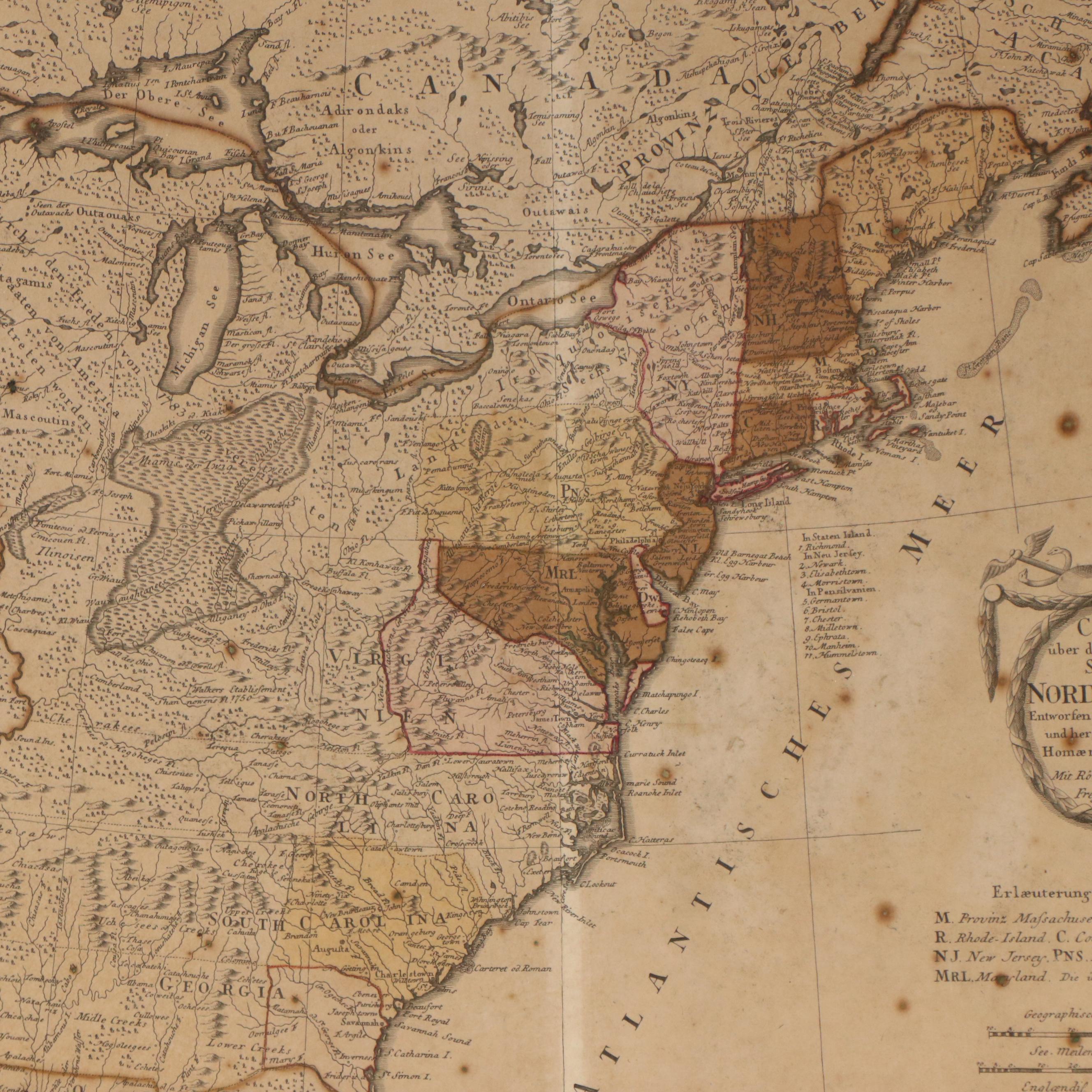 Franz Ludwig Güssefeld Hand-Colored Map Engraving of 13 United States, 1784