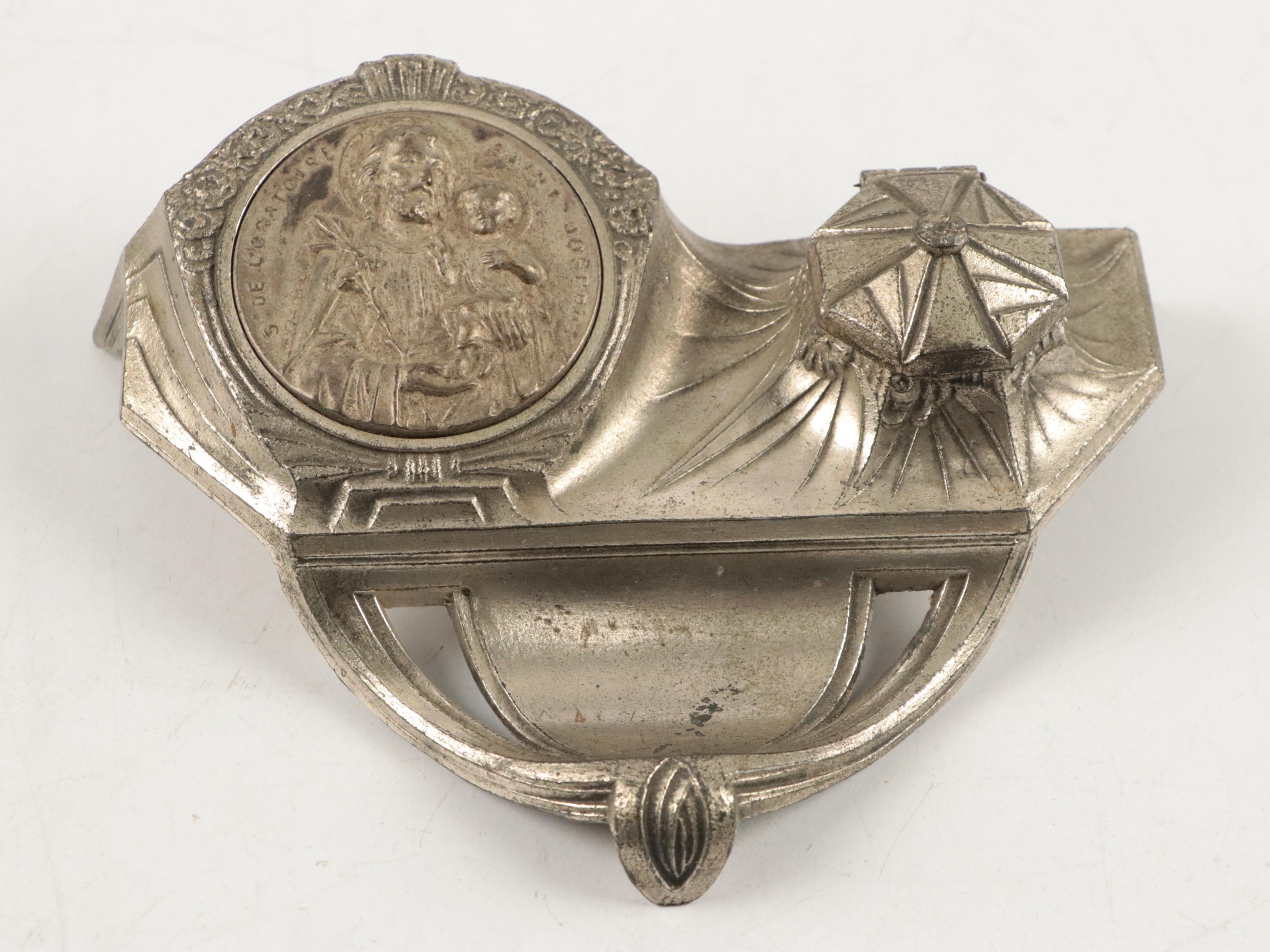 French Art Nouveau Inkwell with Thorens "Brahm's Lullaby" Music Box Wall Hanging