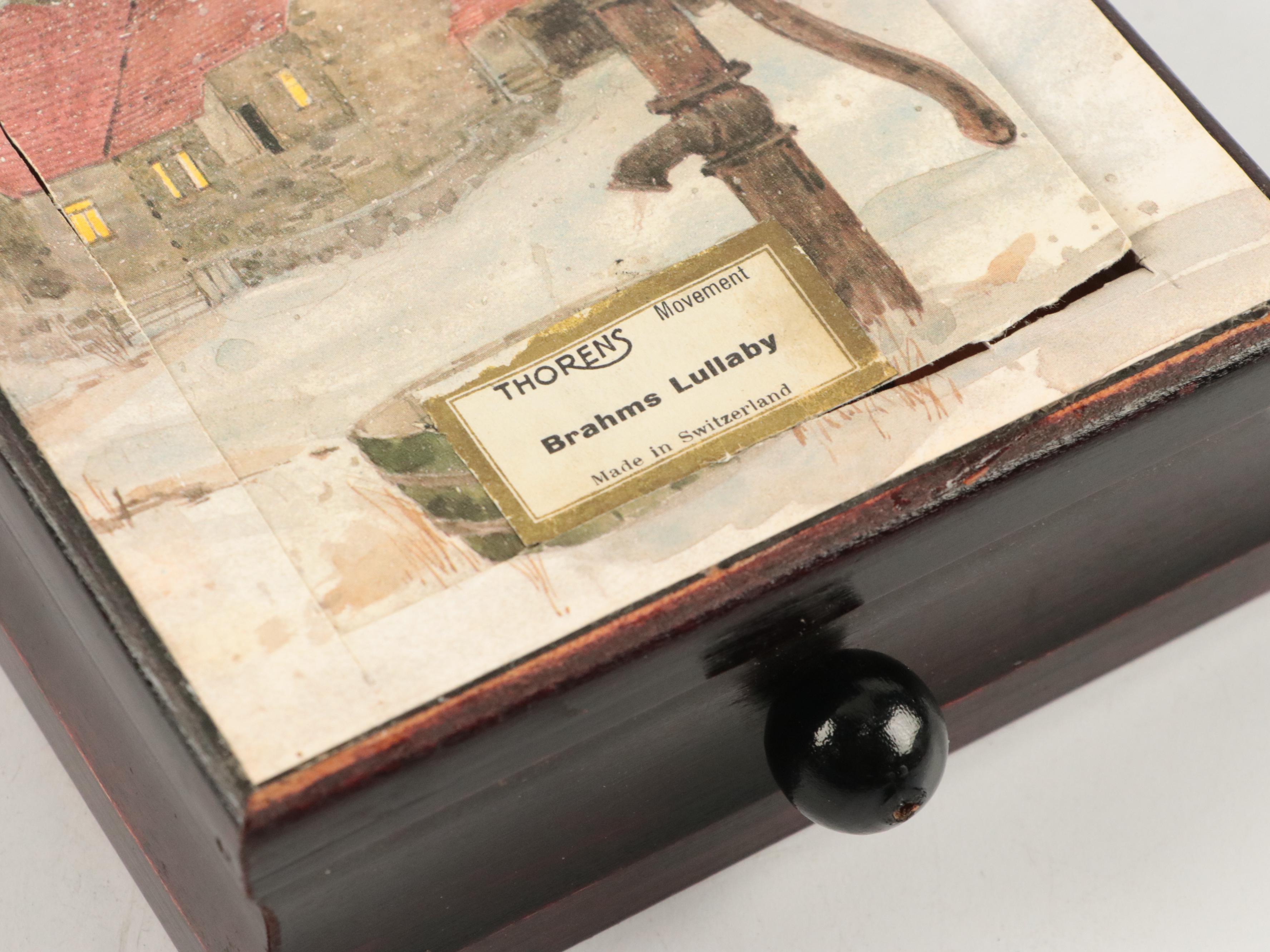 French Art Nouveau Inkwell with Thorens "Brahm's Lullaby" Music Box Wall Hanging