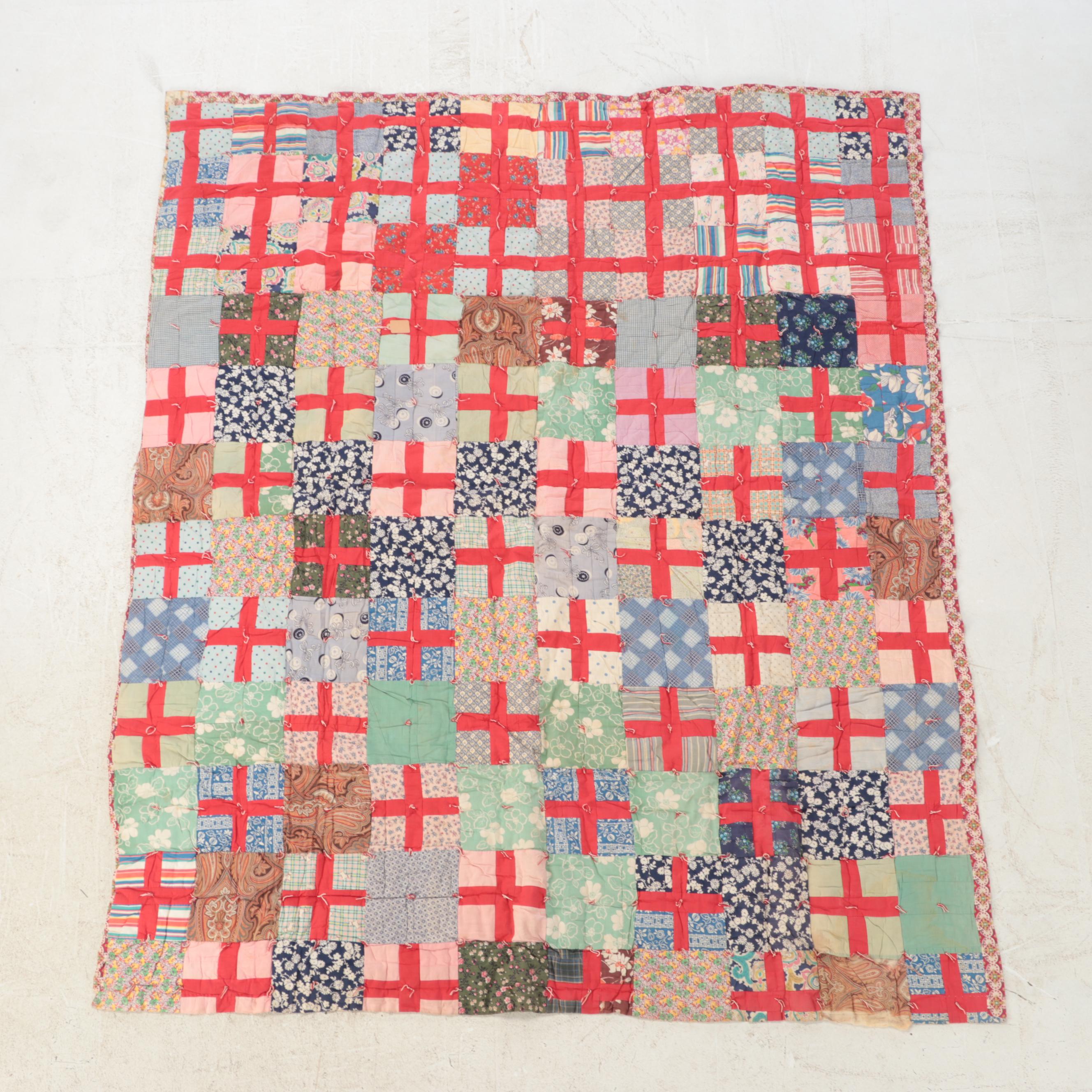 Pieced Hand-Tied Quilt with Handcrafted Scrappy Pieced Quilt