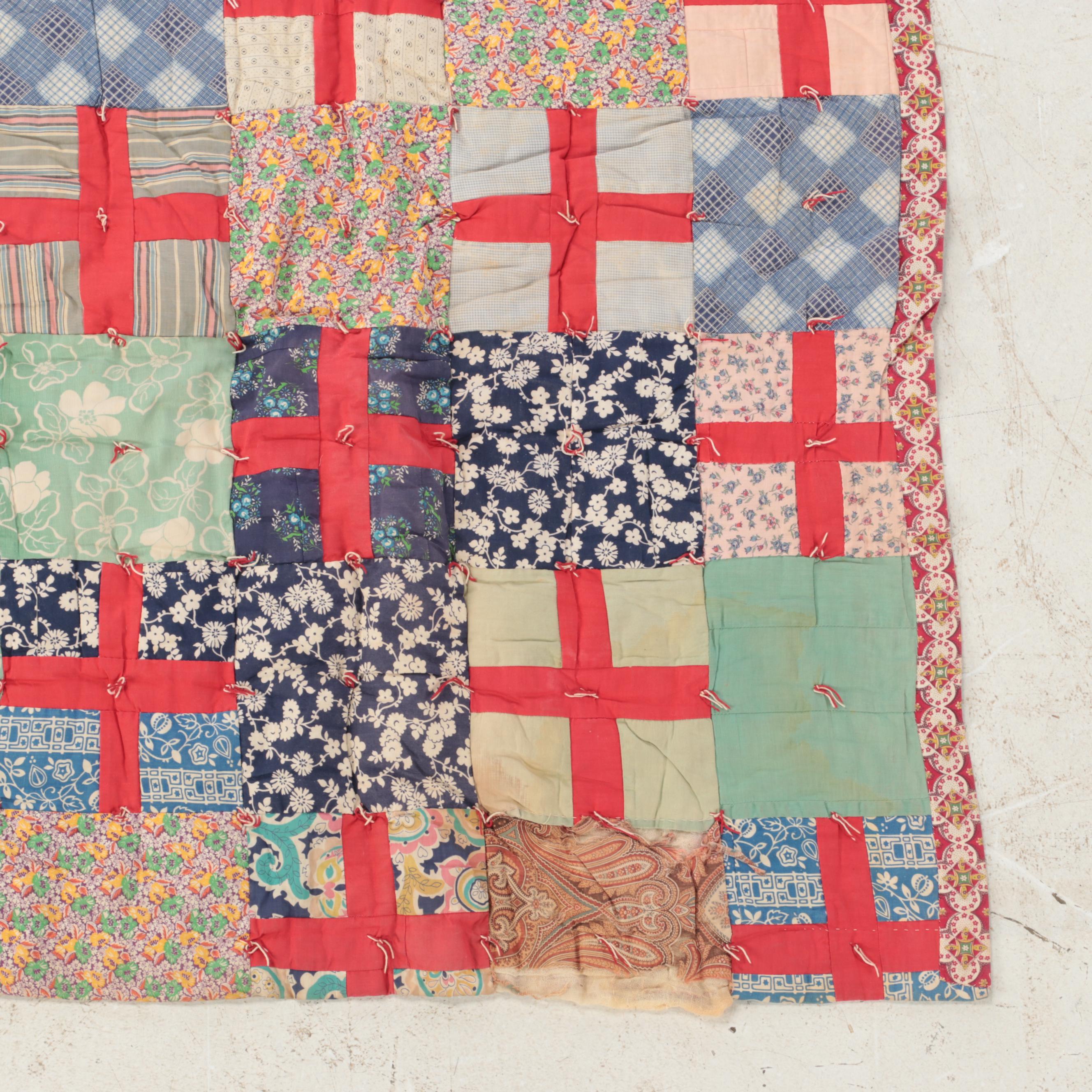 Pieced Hand-Tied Quilt with Handcrafted Scrappy Pieced Quilt