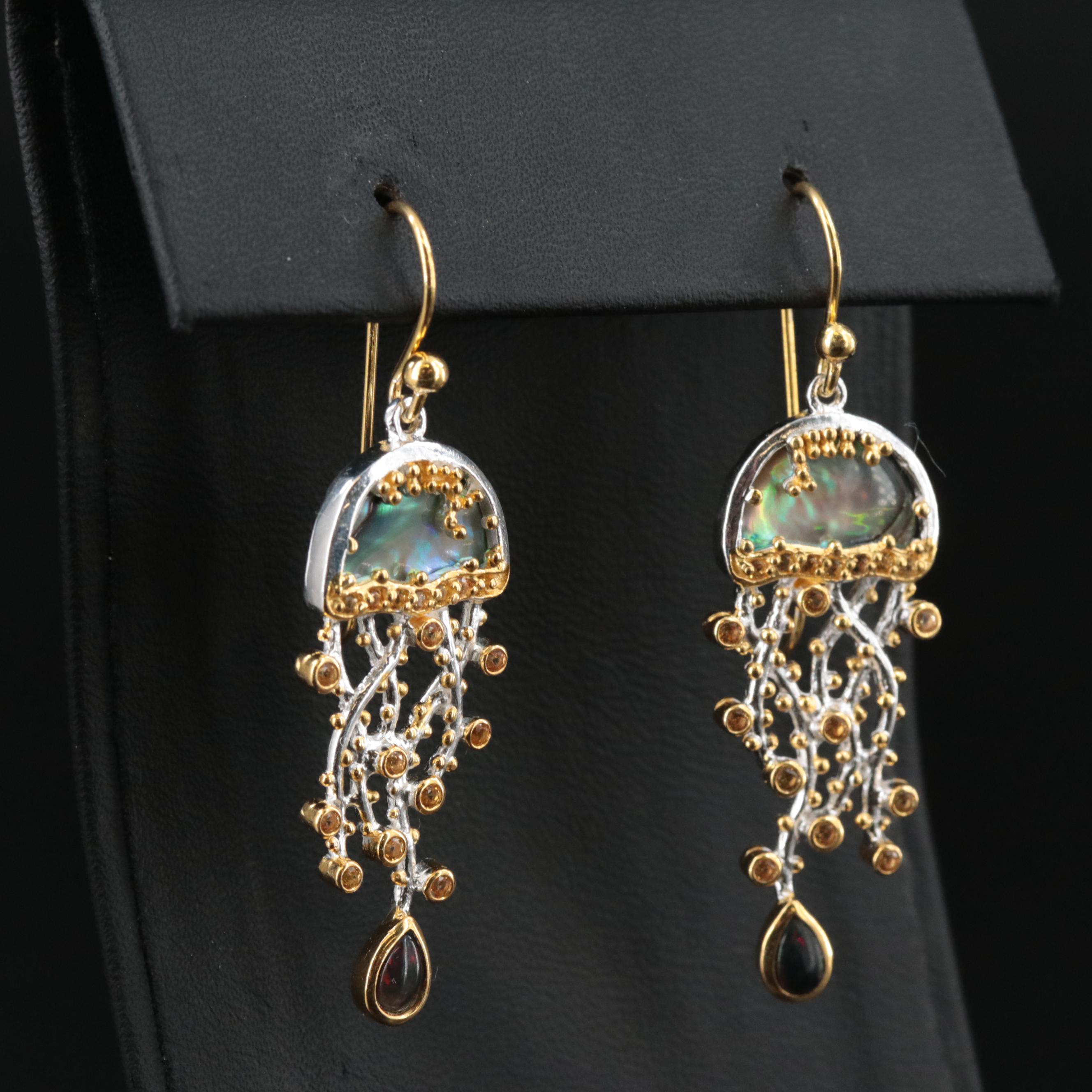 Sterling Abalone, (Origin Undetermined) Sapphire and Opal Jellyfish Earrings