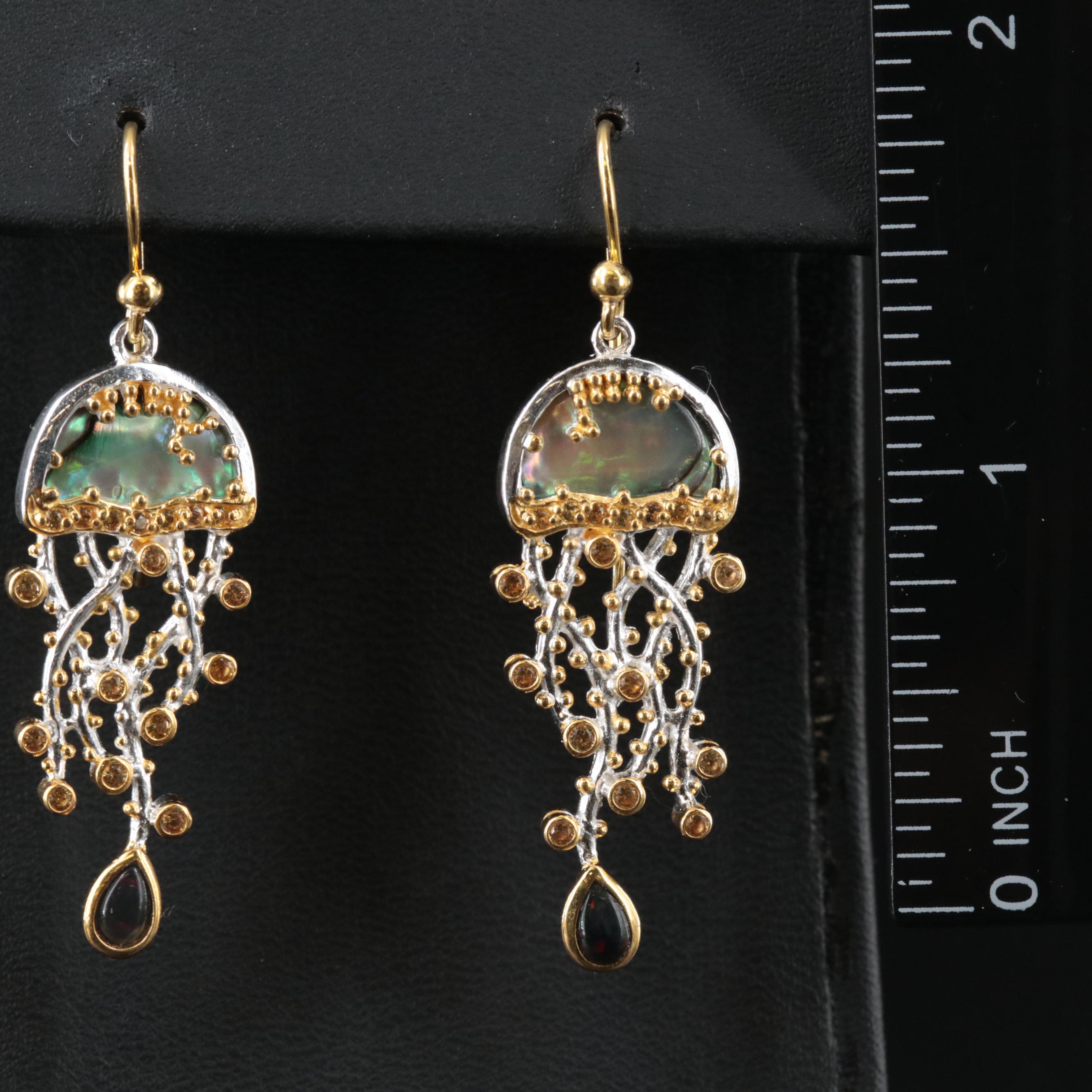 Sterling Abalone, (Origin Undetermined) Sapphire and Opal Jellyfish Earrings