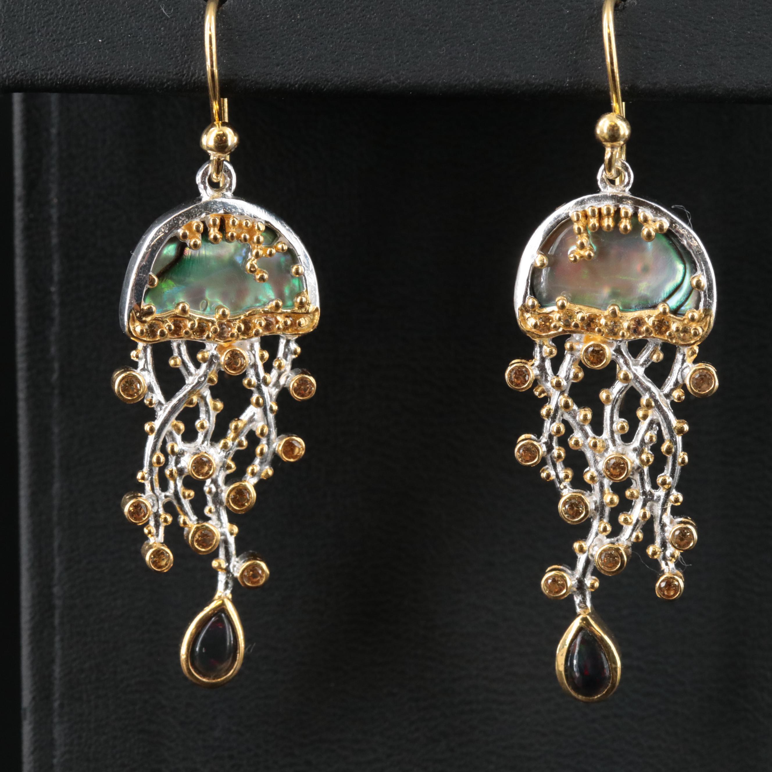 Sterling Abalone, (Origin Undetermined) Sapphire and Opal Jellyfish Earrings