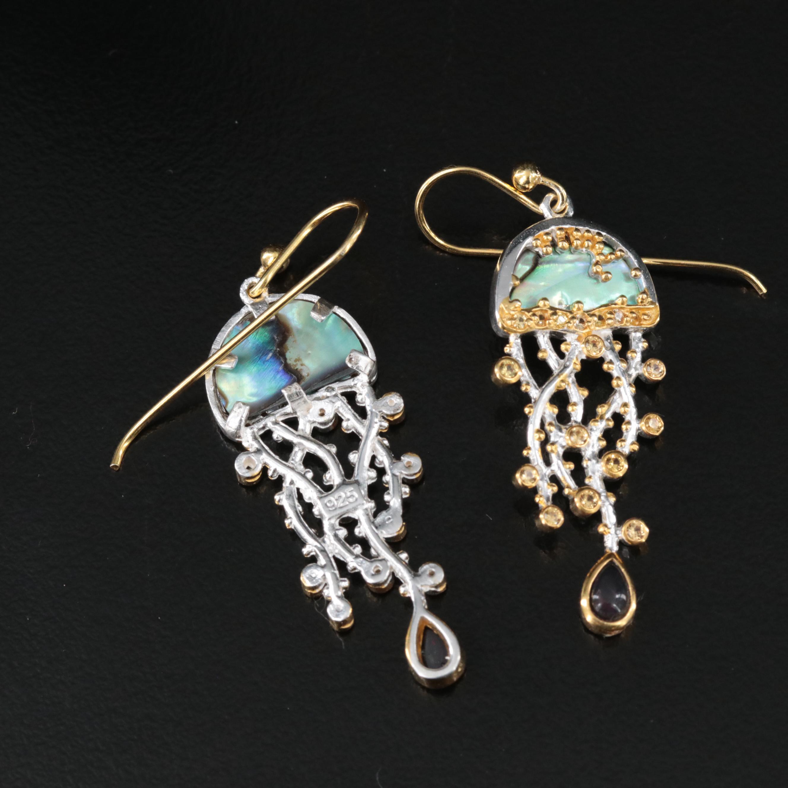 Sterling Abalone, (Origin Undetermined) Sapphire and Opal Jellyfish Earrings
