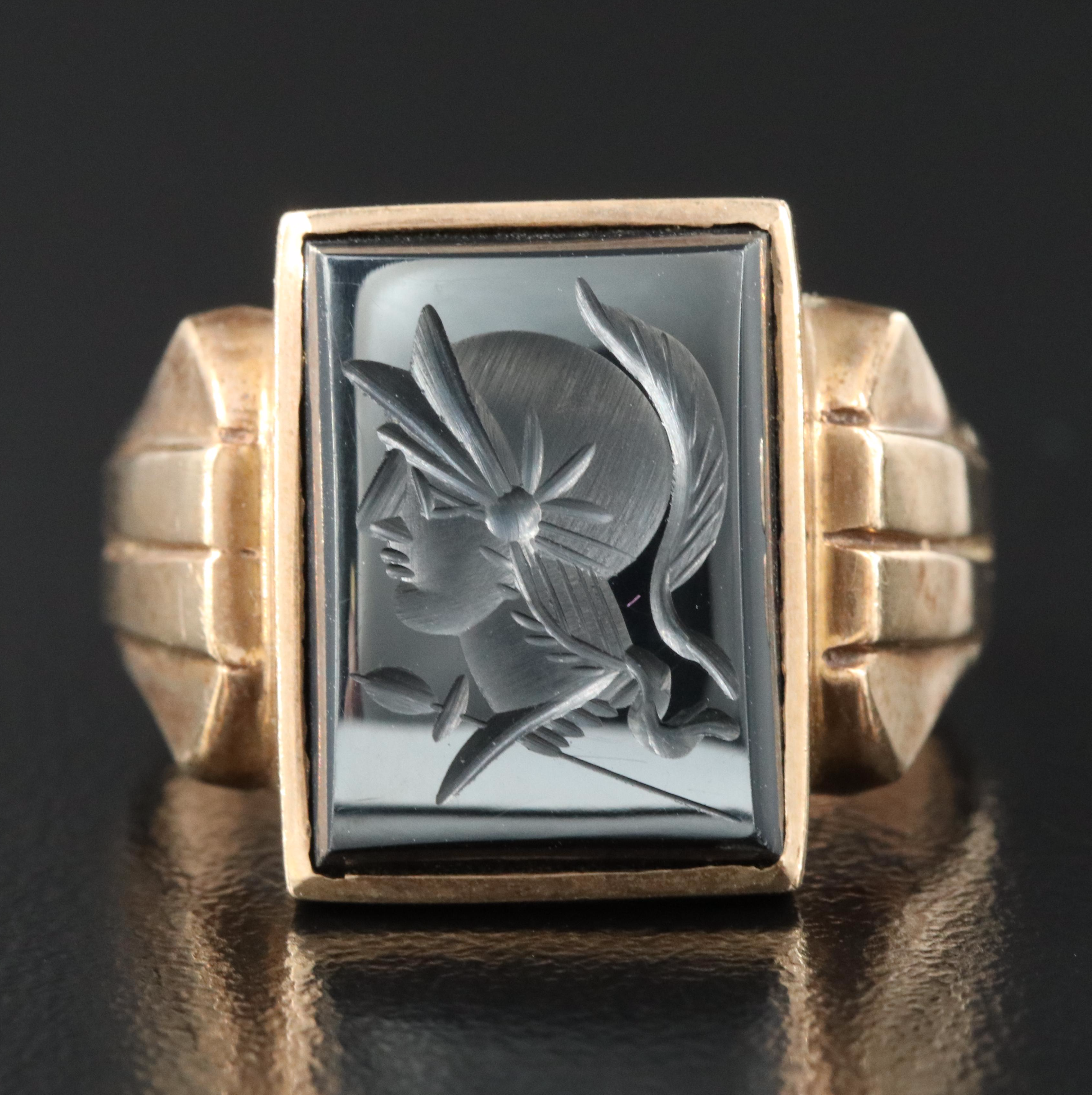 10K Hematite Roman Soldier Intaglio Ring