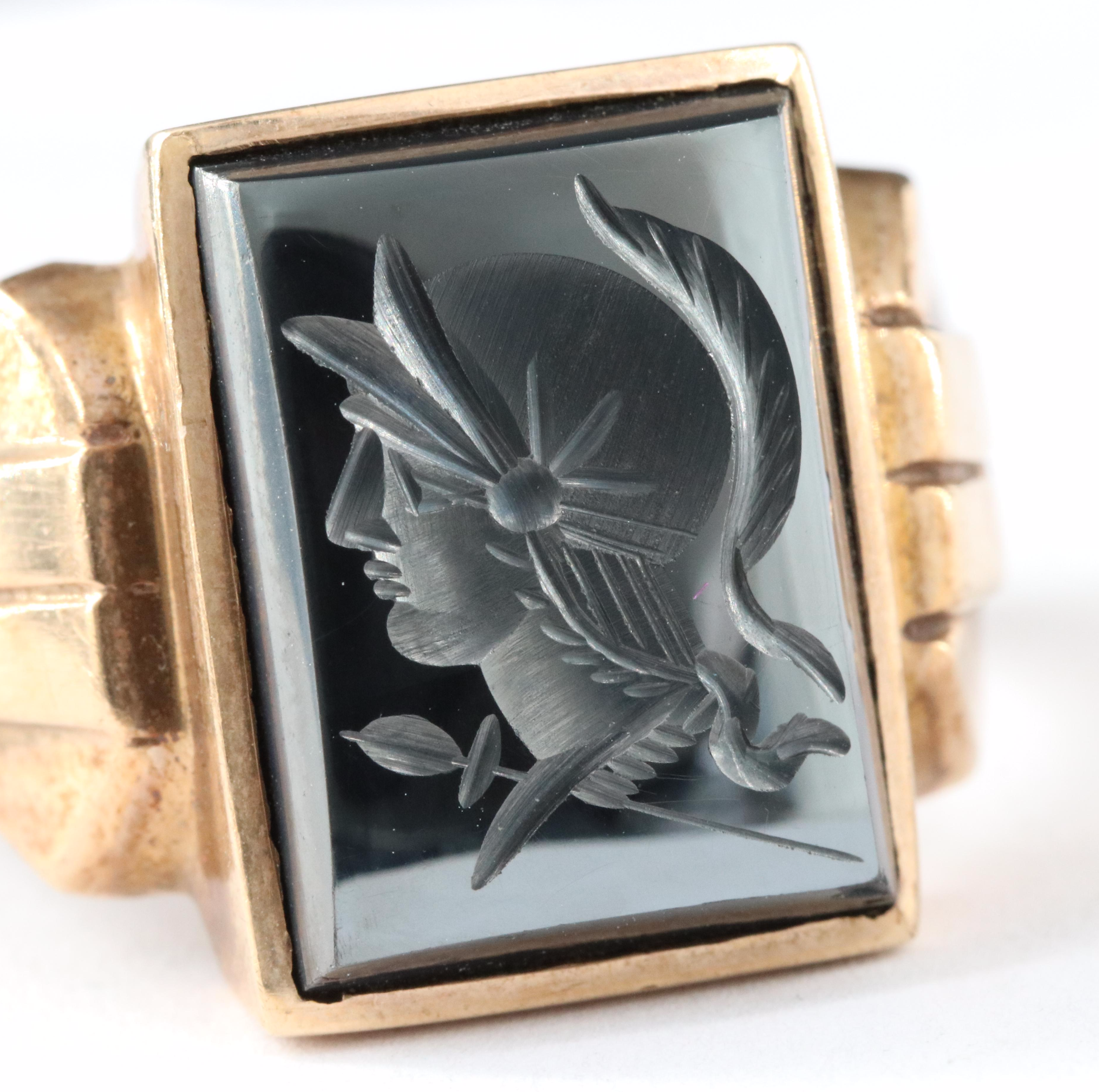 10K Hematite Roman Soldier Intaglio Ring