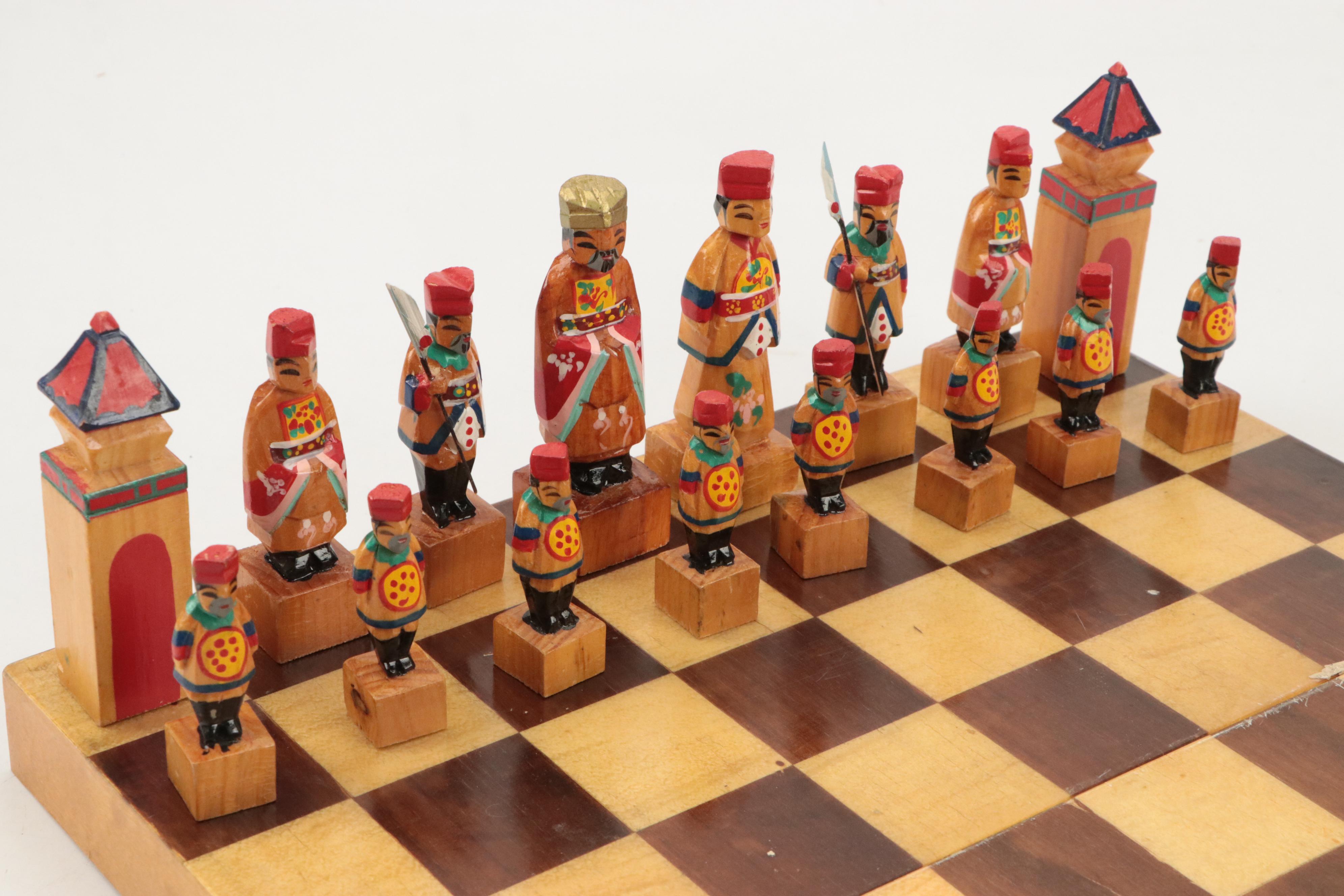 Wooden and Ceramic Aztec and Asian Themed Chess