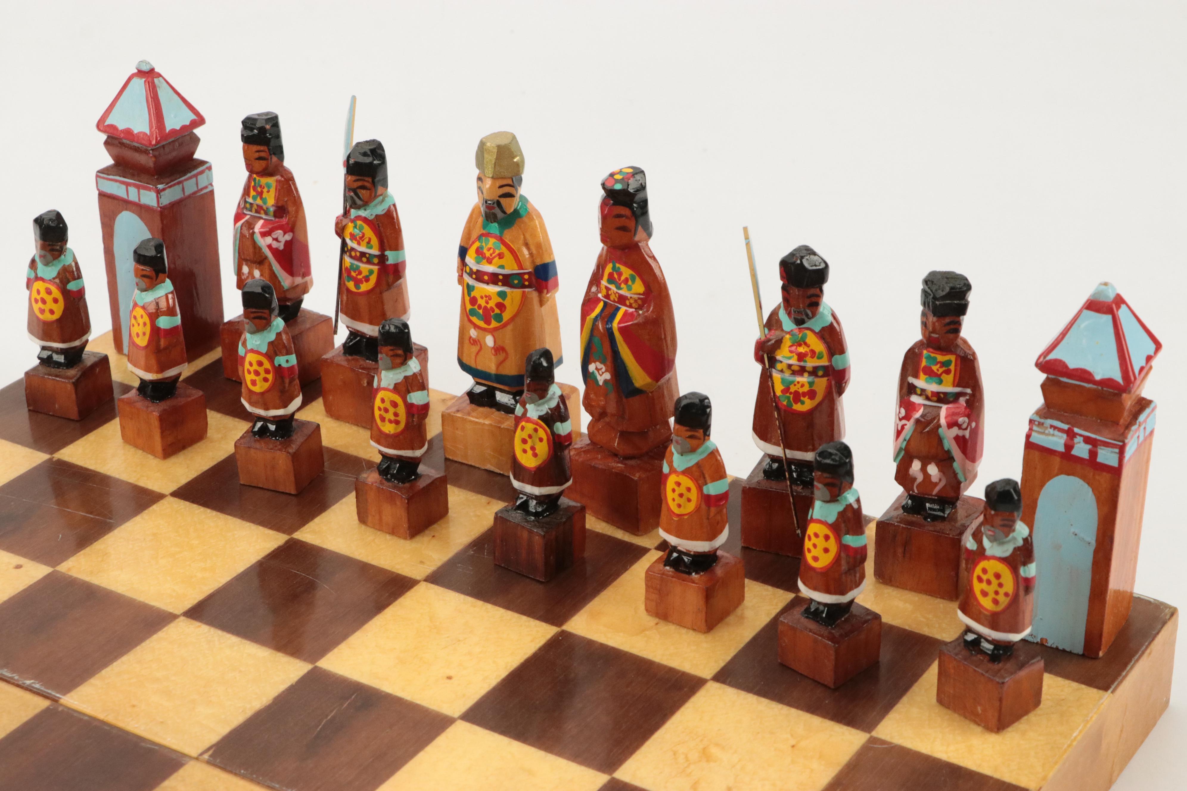 Wooden and Ceramic Aztec and Asian Themed Chess