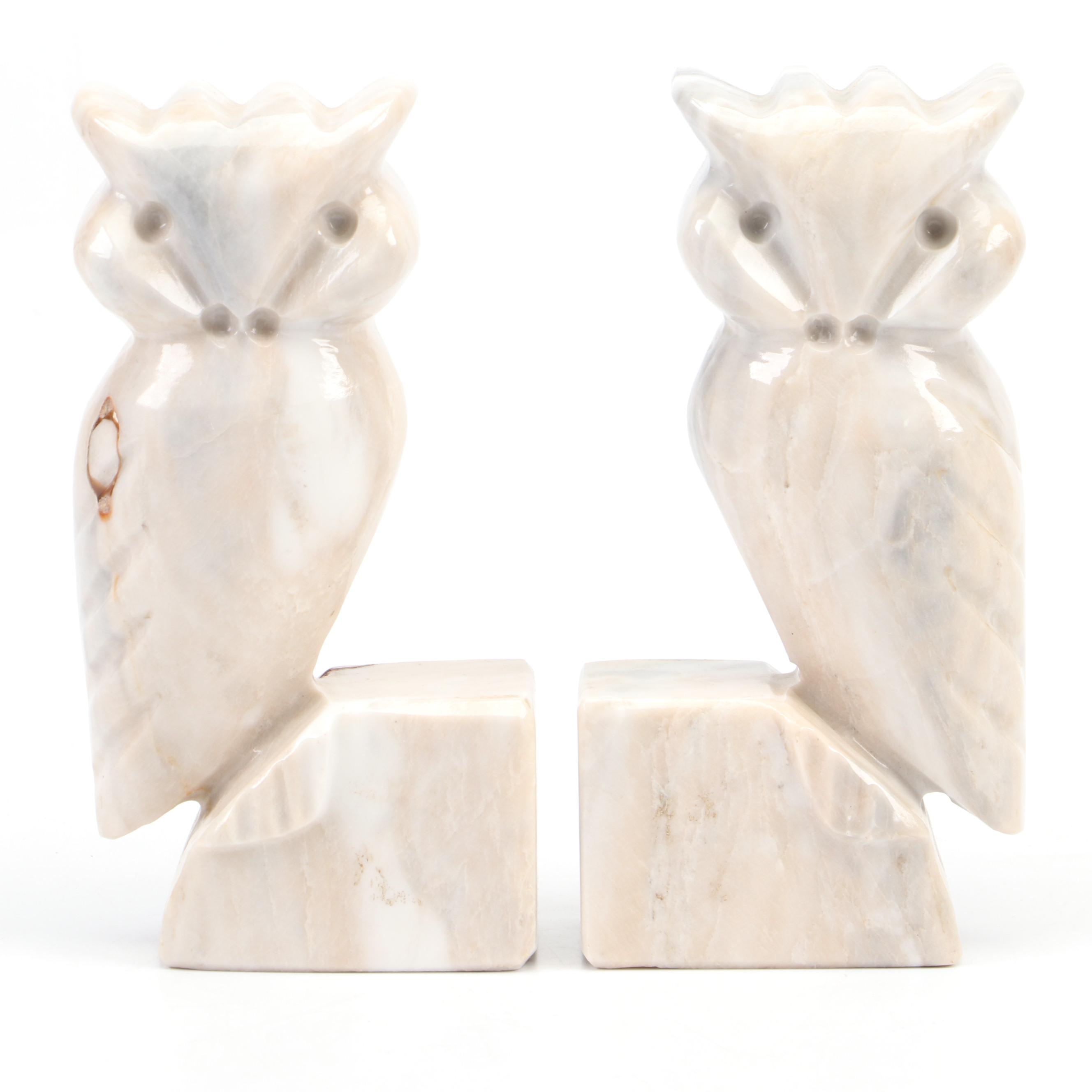 Carved Stone Owl Shaped Bookends, Mid to Late 20th Century