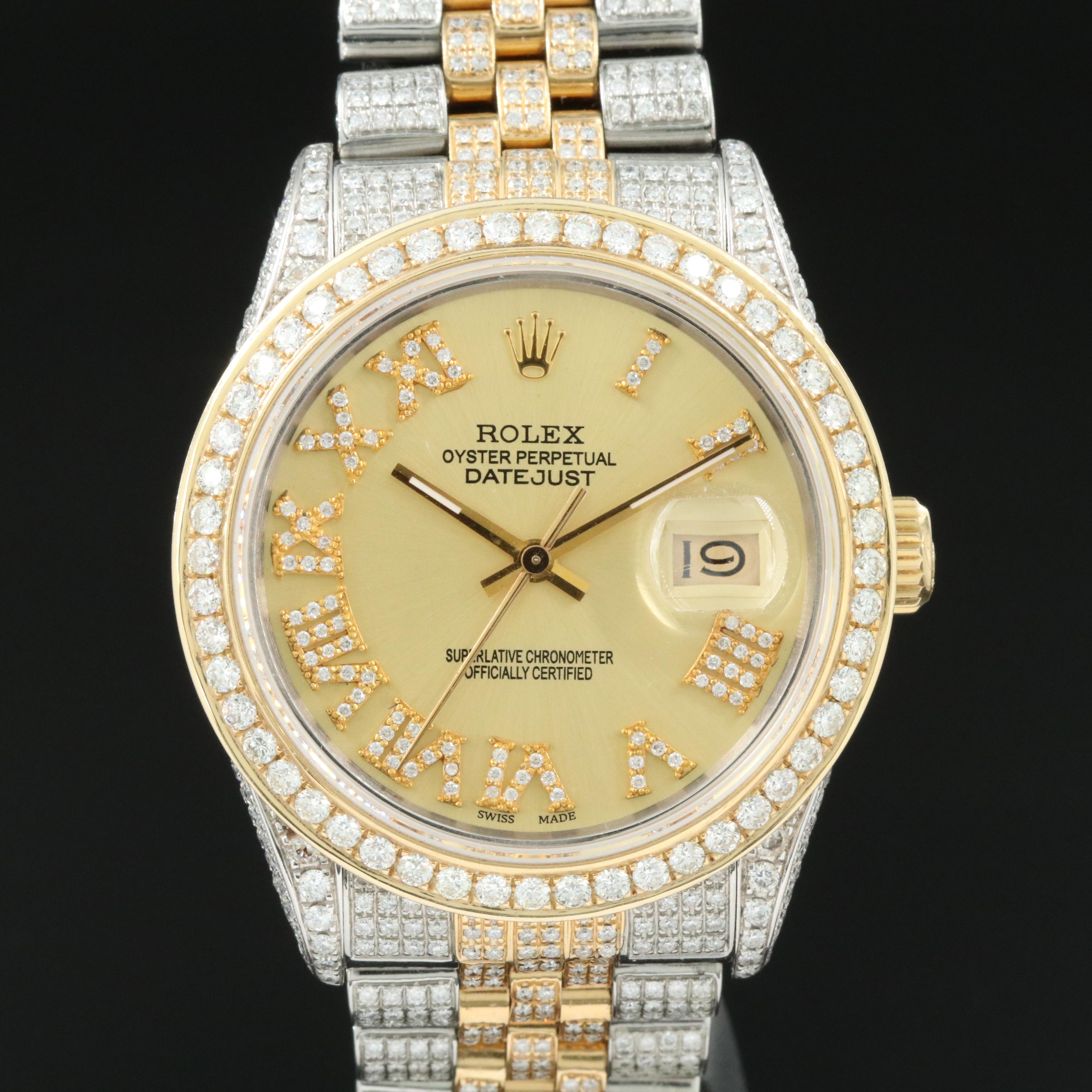 1980s Custom 7.44 CTW Diamond Rolex Datejust Watch
