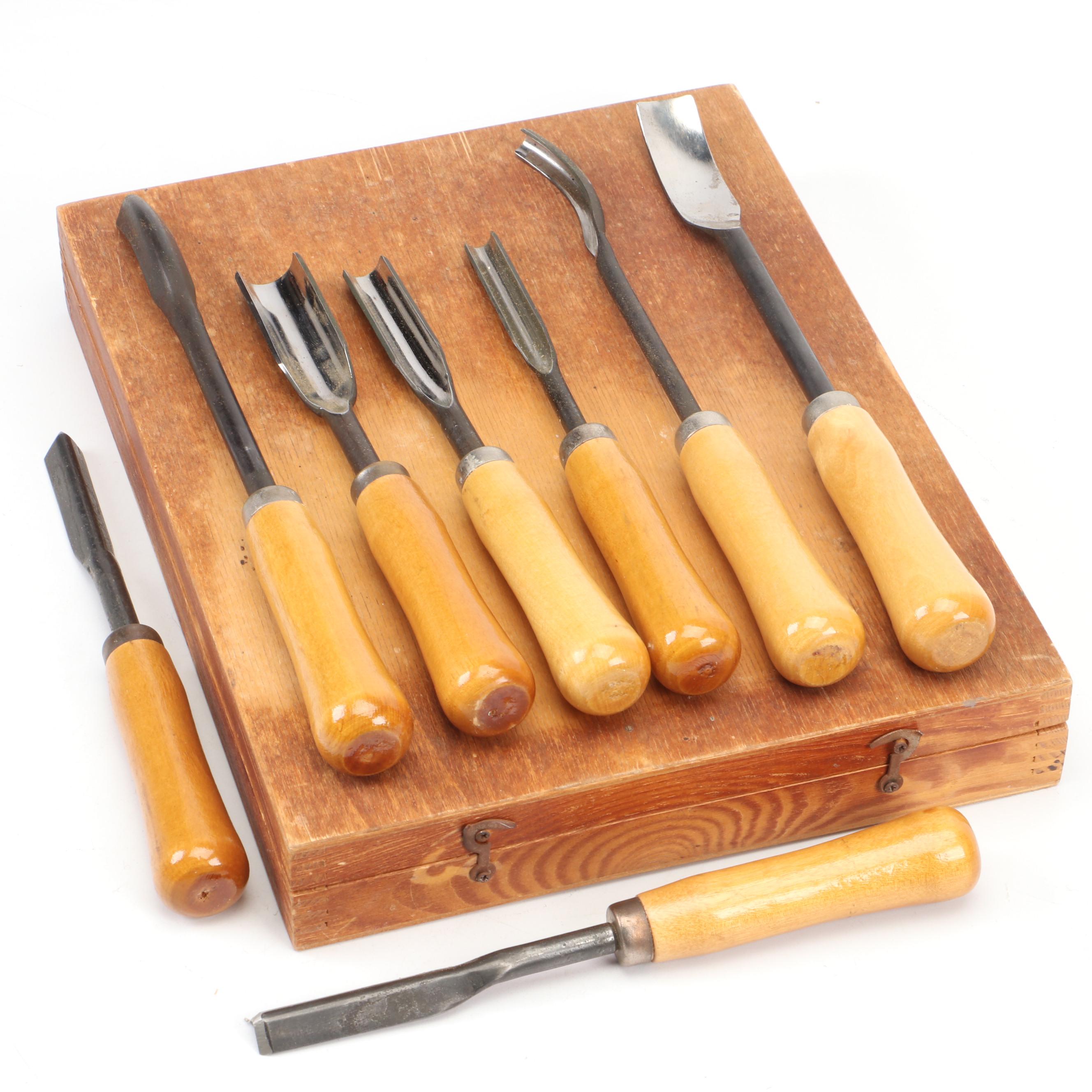 Lacquered Wood Handle Wood Turning Tools with Wood Storage Case