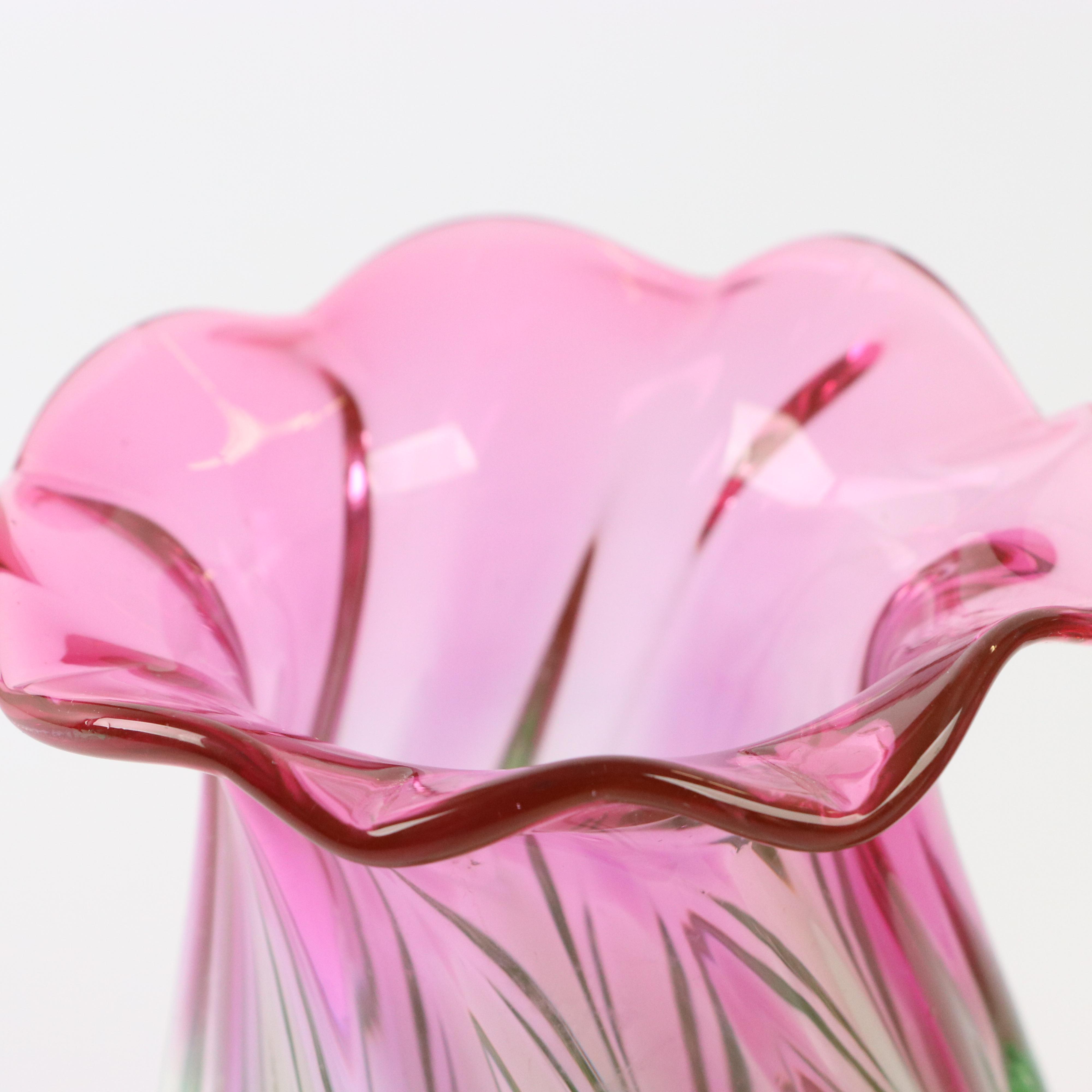 Optic Mold Blown Pink and Green Ombré Art Glass Vases