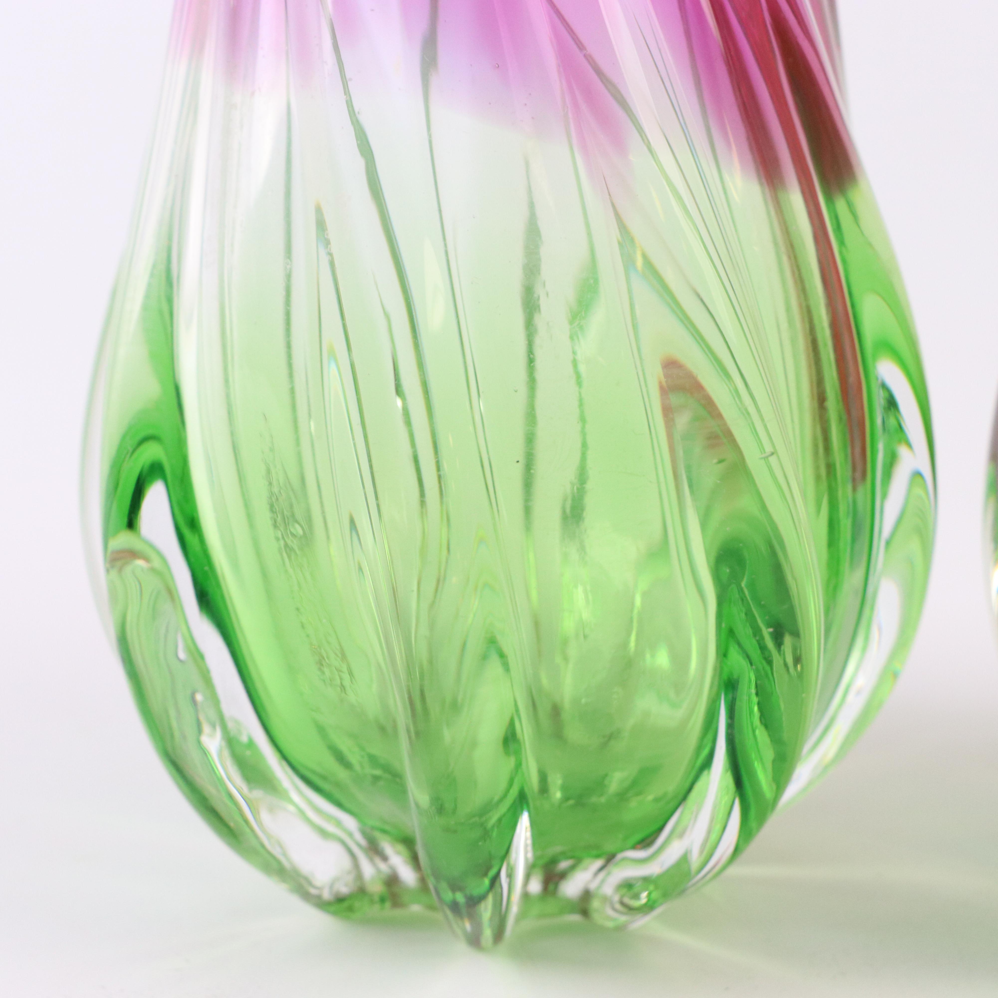 Optic Mold Blown Pink and Green Ombré Art Glass Vases