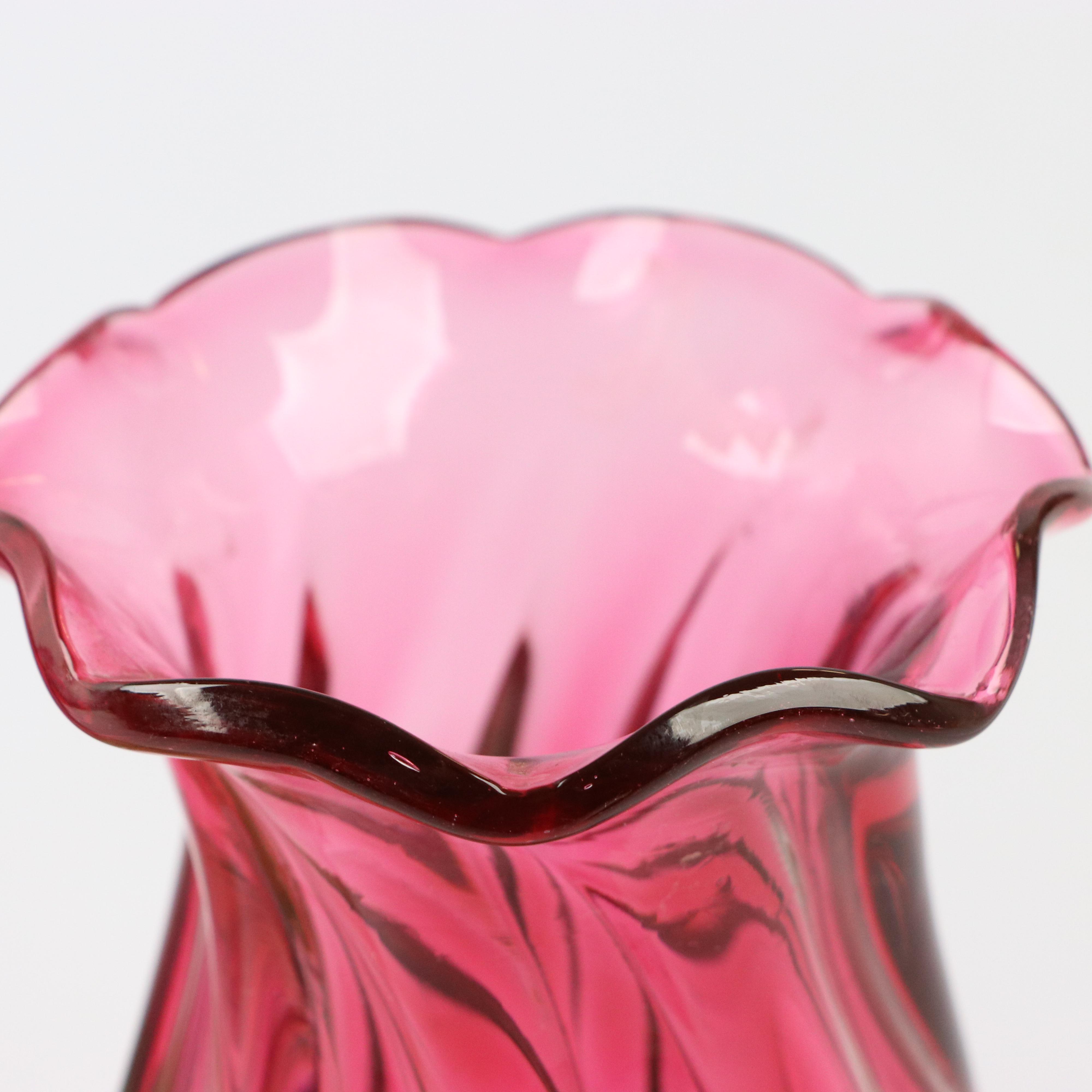 Optic Mold Blown Pink and Green Ombré Art Glass Vases
