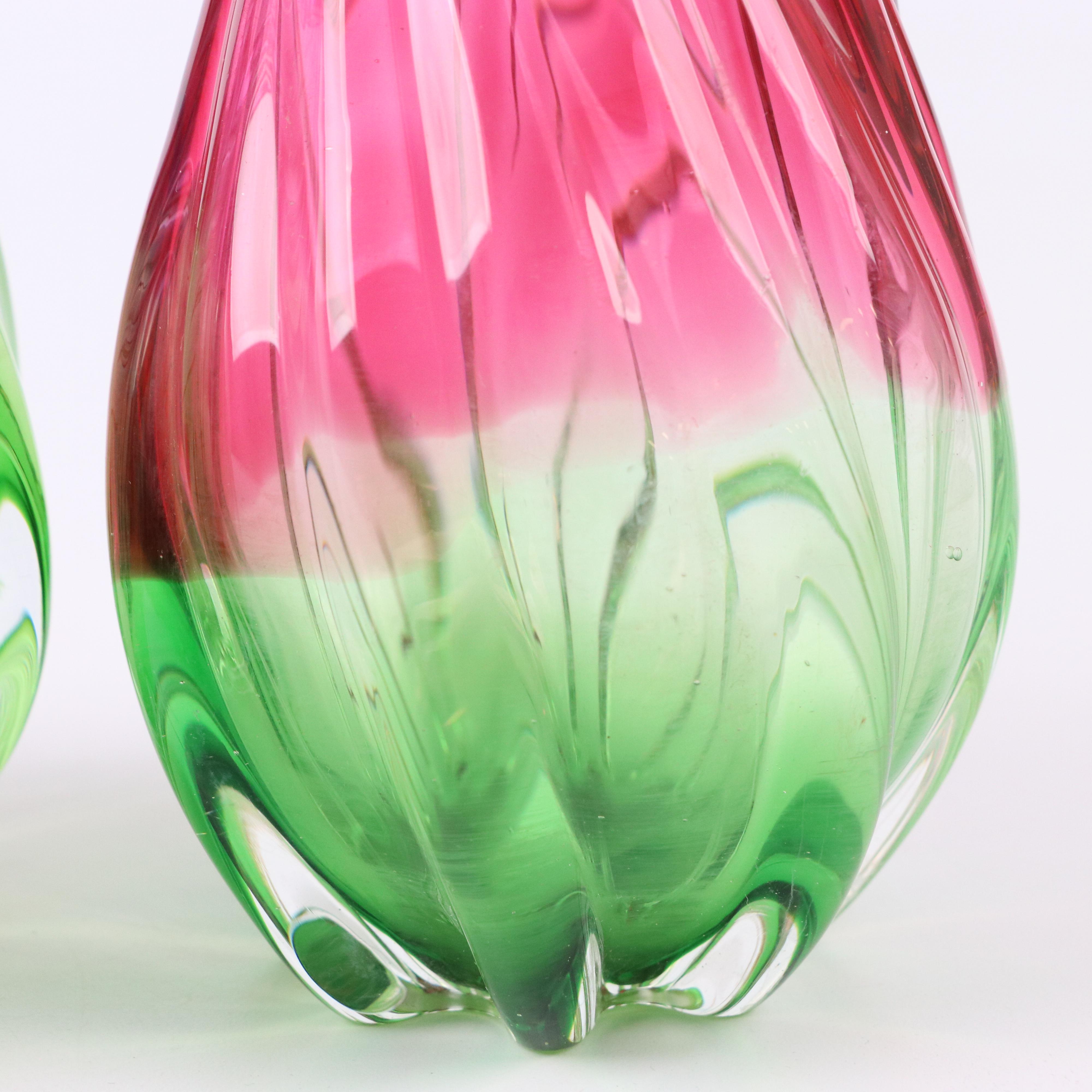 Optic Mold Blown Pink and Green Ombré Art Glass Vases