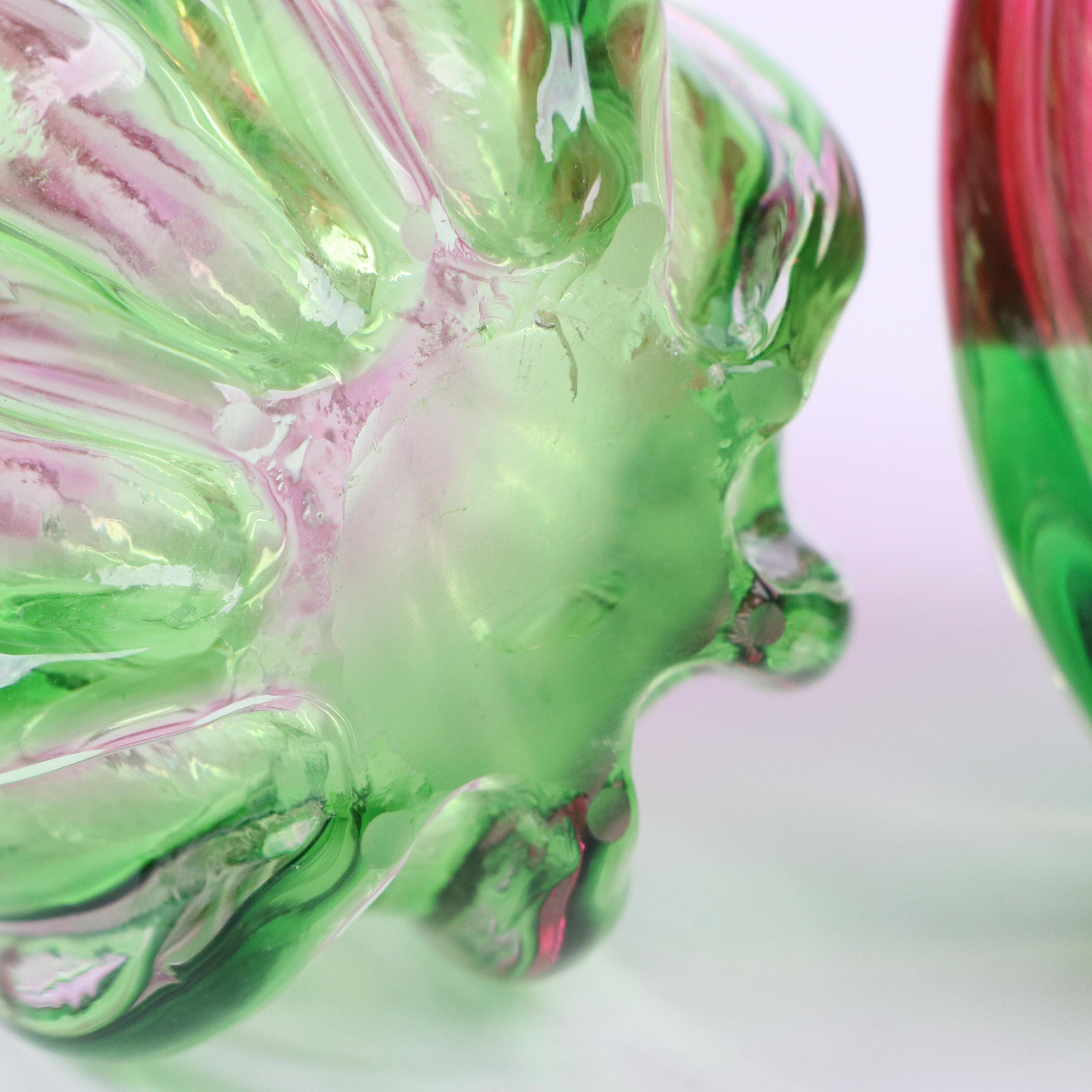 Optic Mold Blown Pink and Green Ombré Art Glass Vases