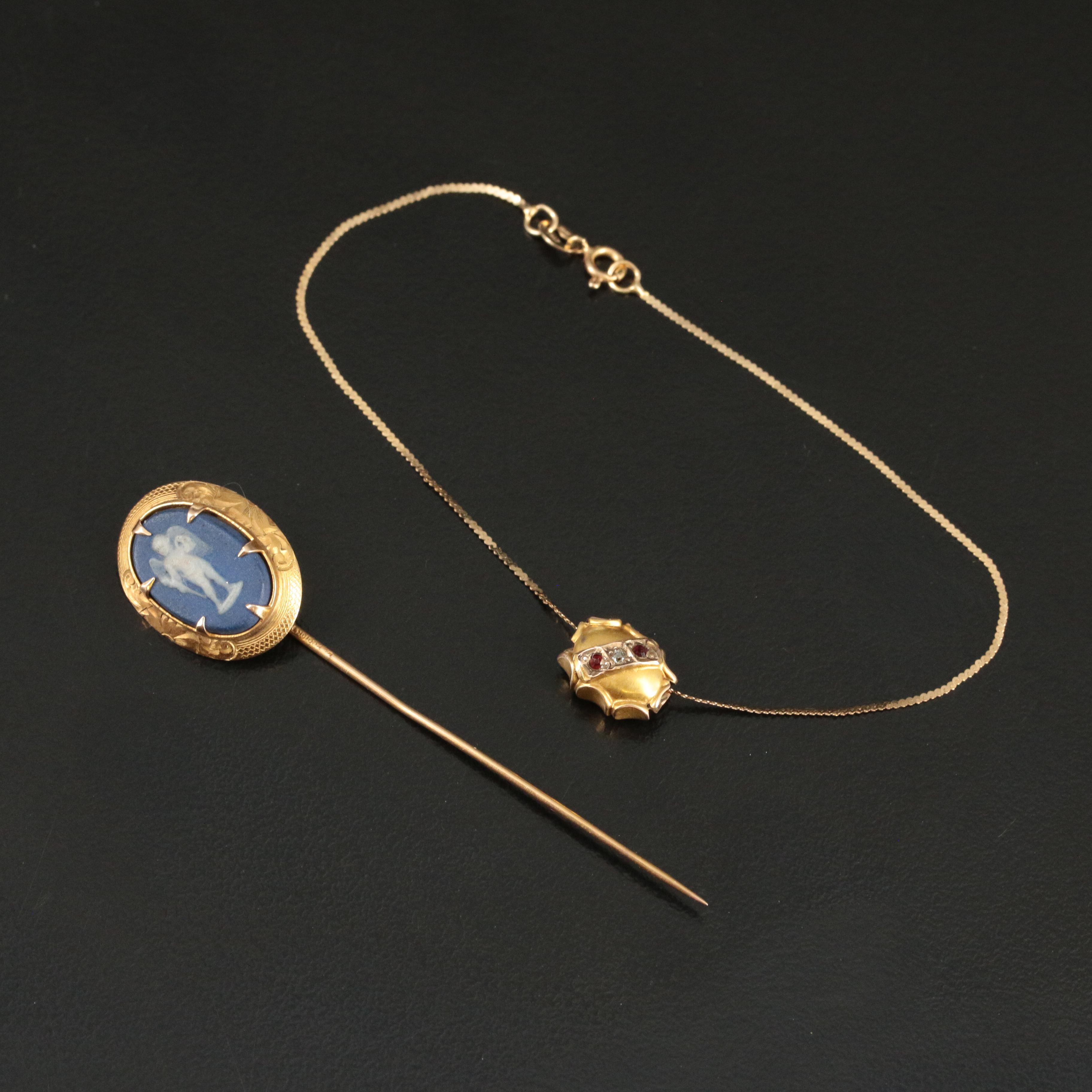 Wedgwood 10K Jasperware Stick Pin and 14K and 10K Bracelet Including Diamond