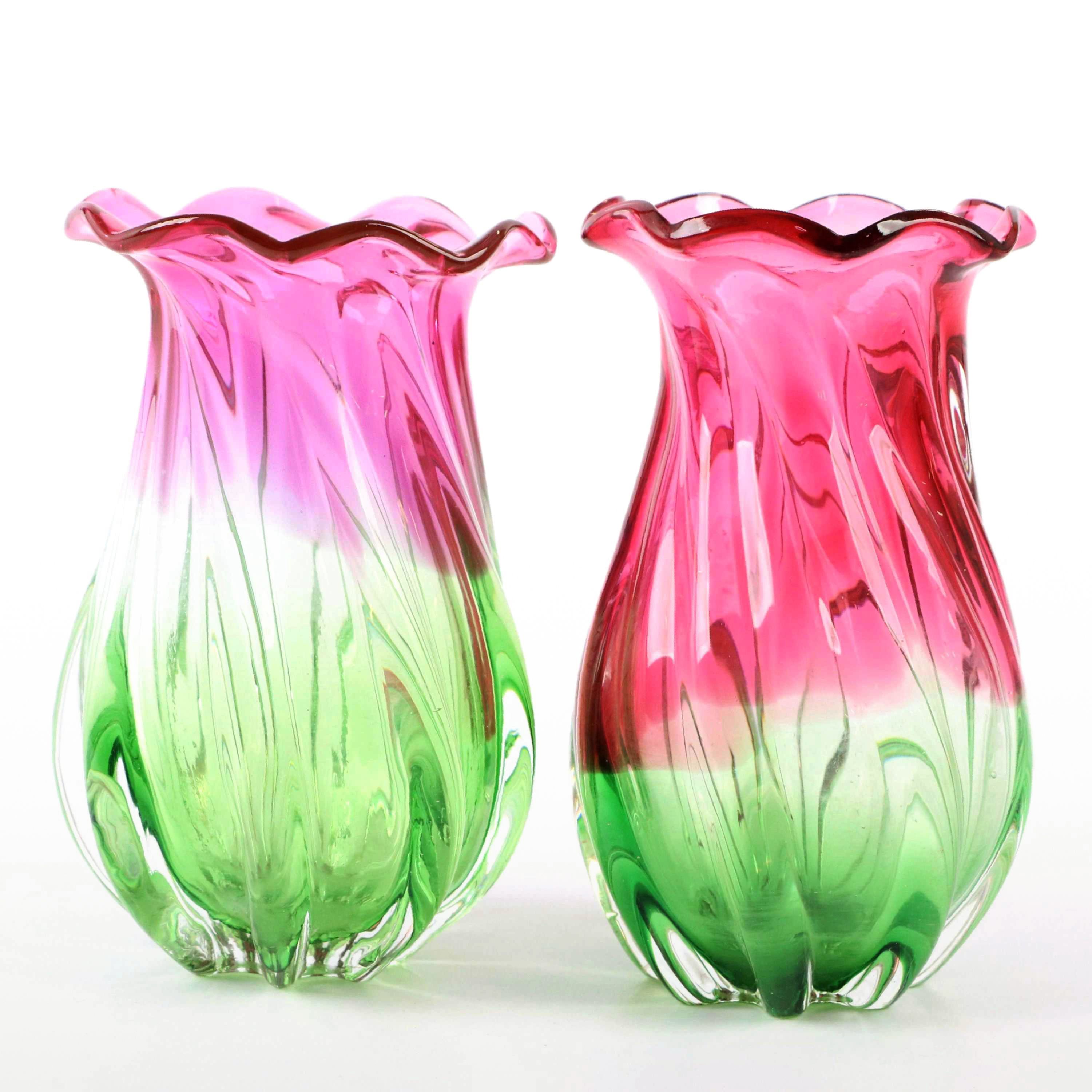 Optic Mold Blown Pink and Green Ombré Art Glass Vases