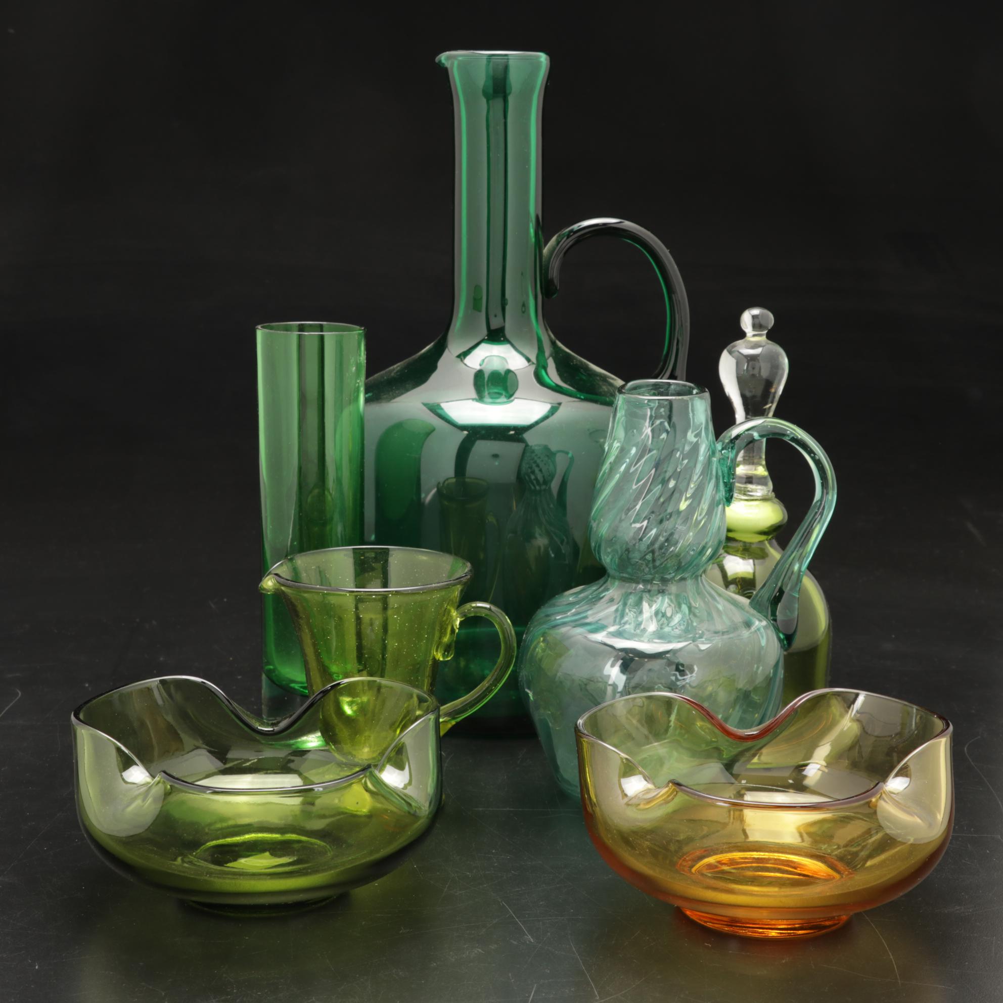 Hand Blown Swirl Jug Pitcher and Emerald Bottle Featured in Glass Collection