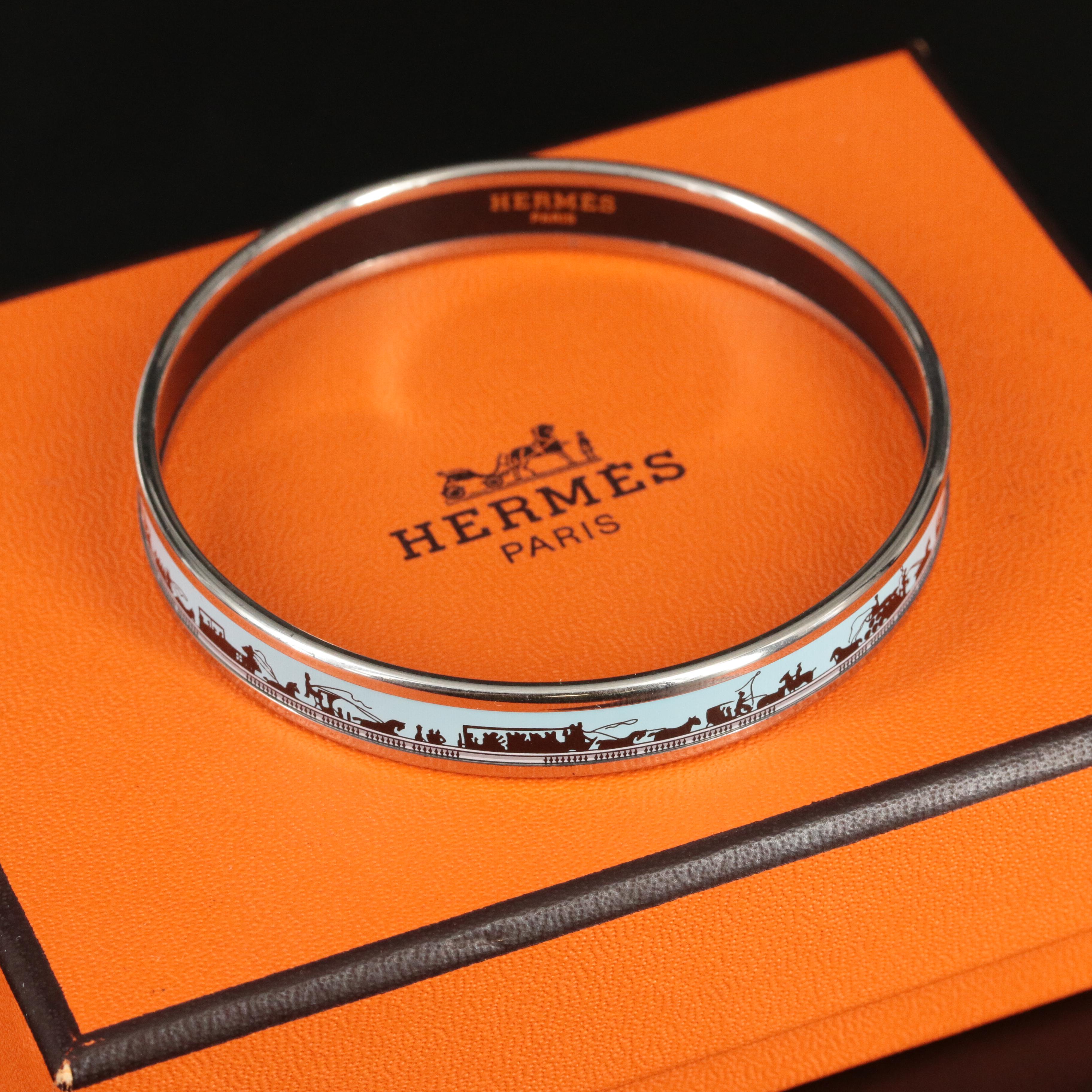 Hermès Horse and Carriage Narrow Enamel Bangle in Sky Blue