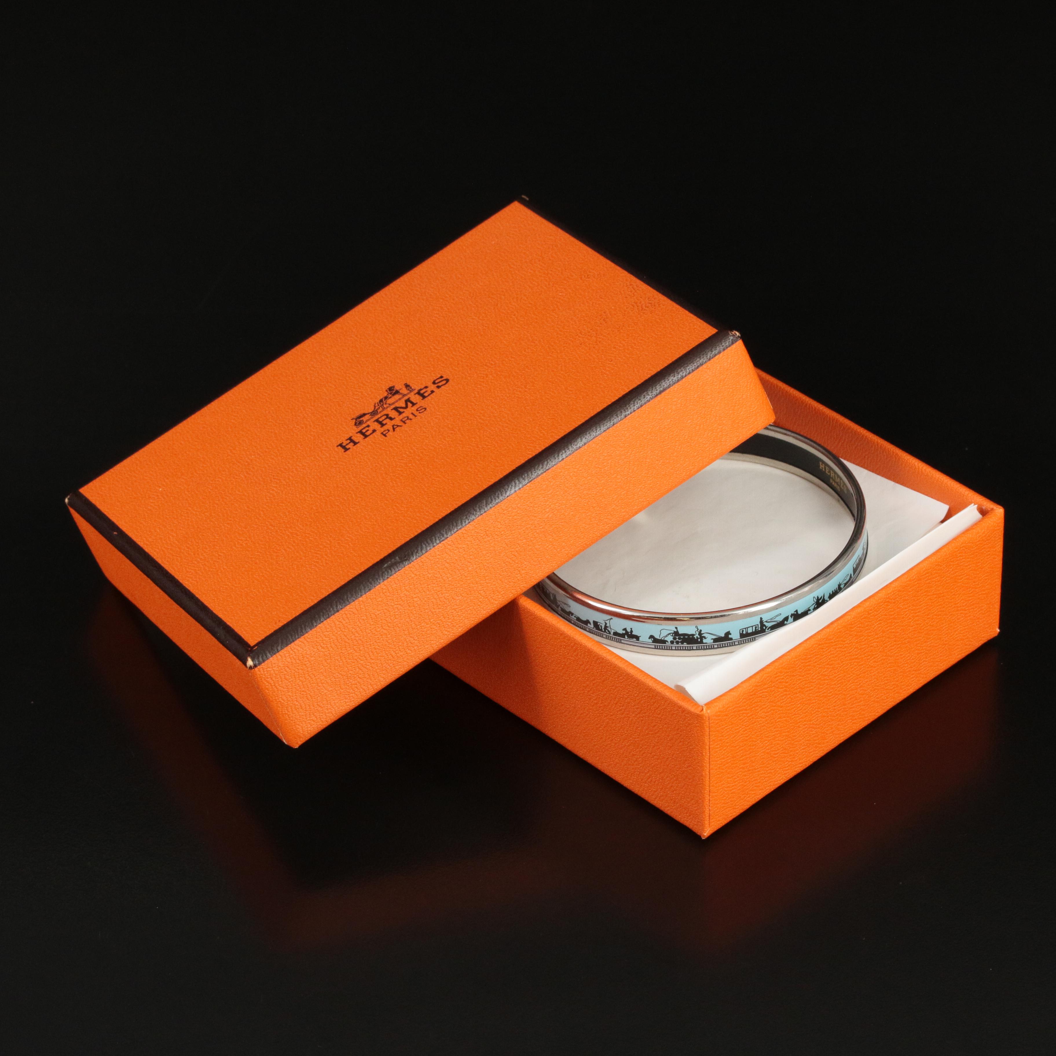 Hermès Horse and Carriage Narrow Enamel Bangle in Sky Blue