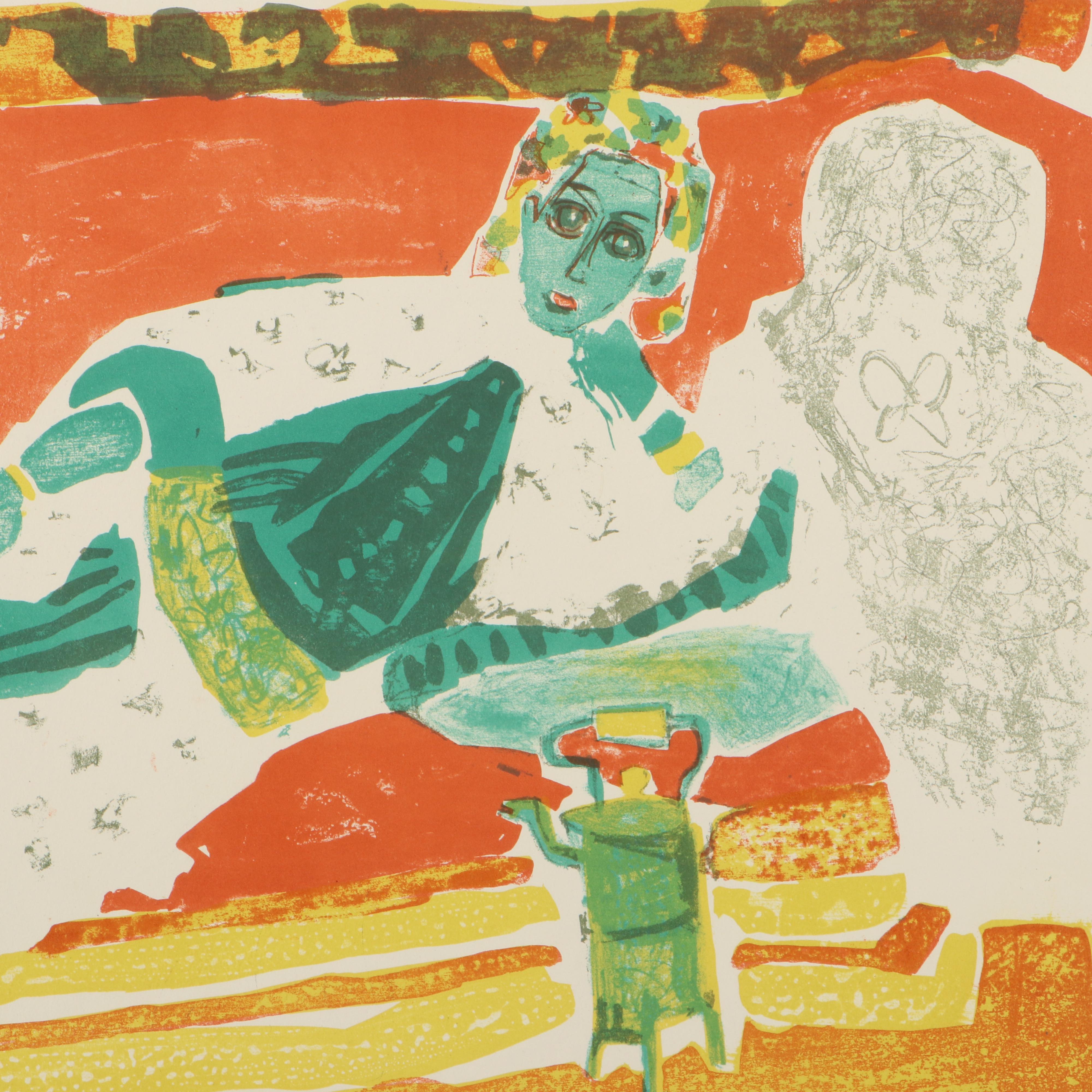 Roger Bezombes Lithograph of Recumbent Female Figure, 1960s