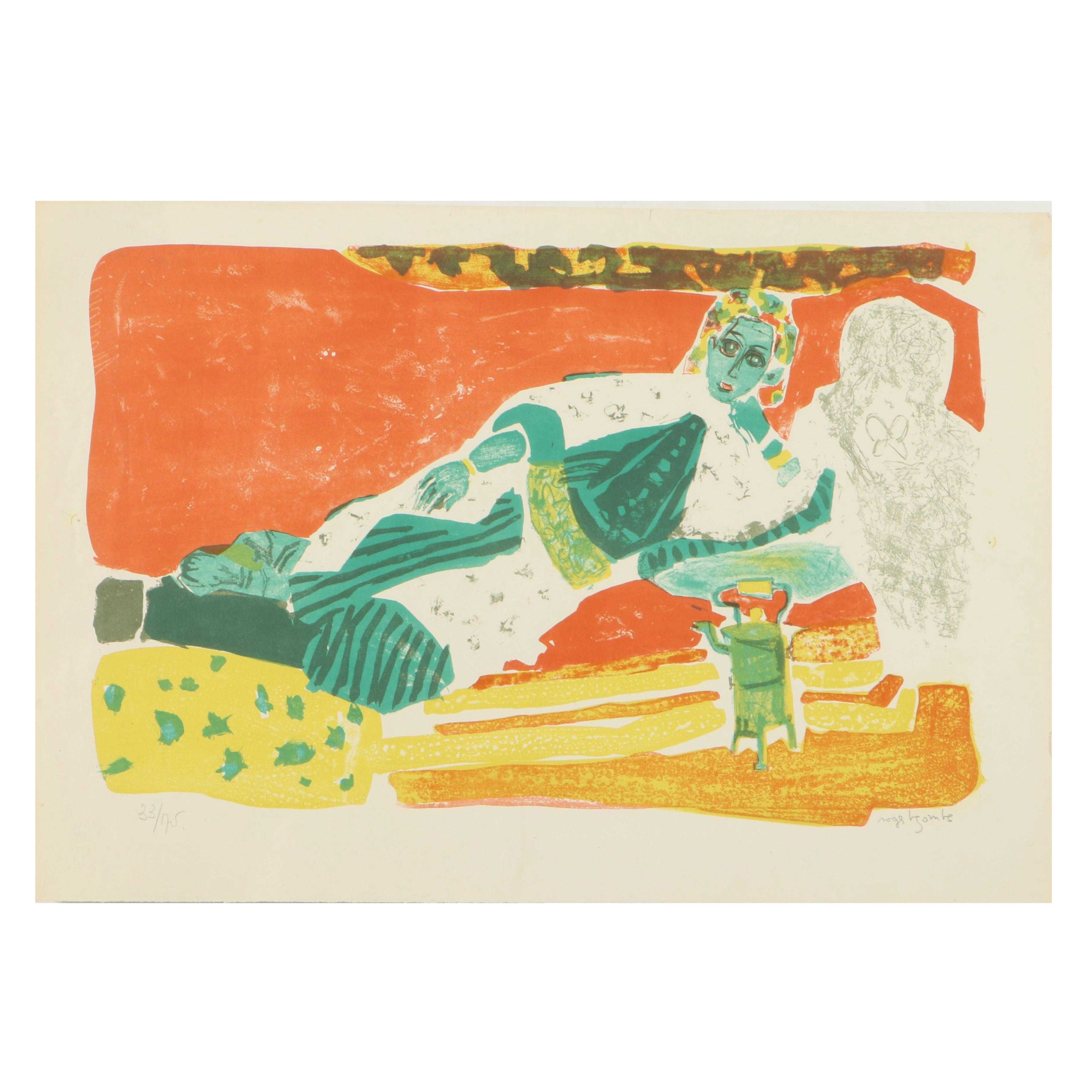 Roger Bezombes Lithograph of Recumbent Female Figure, 1960s